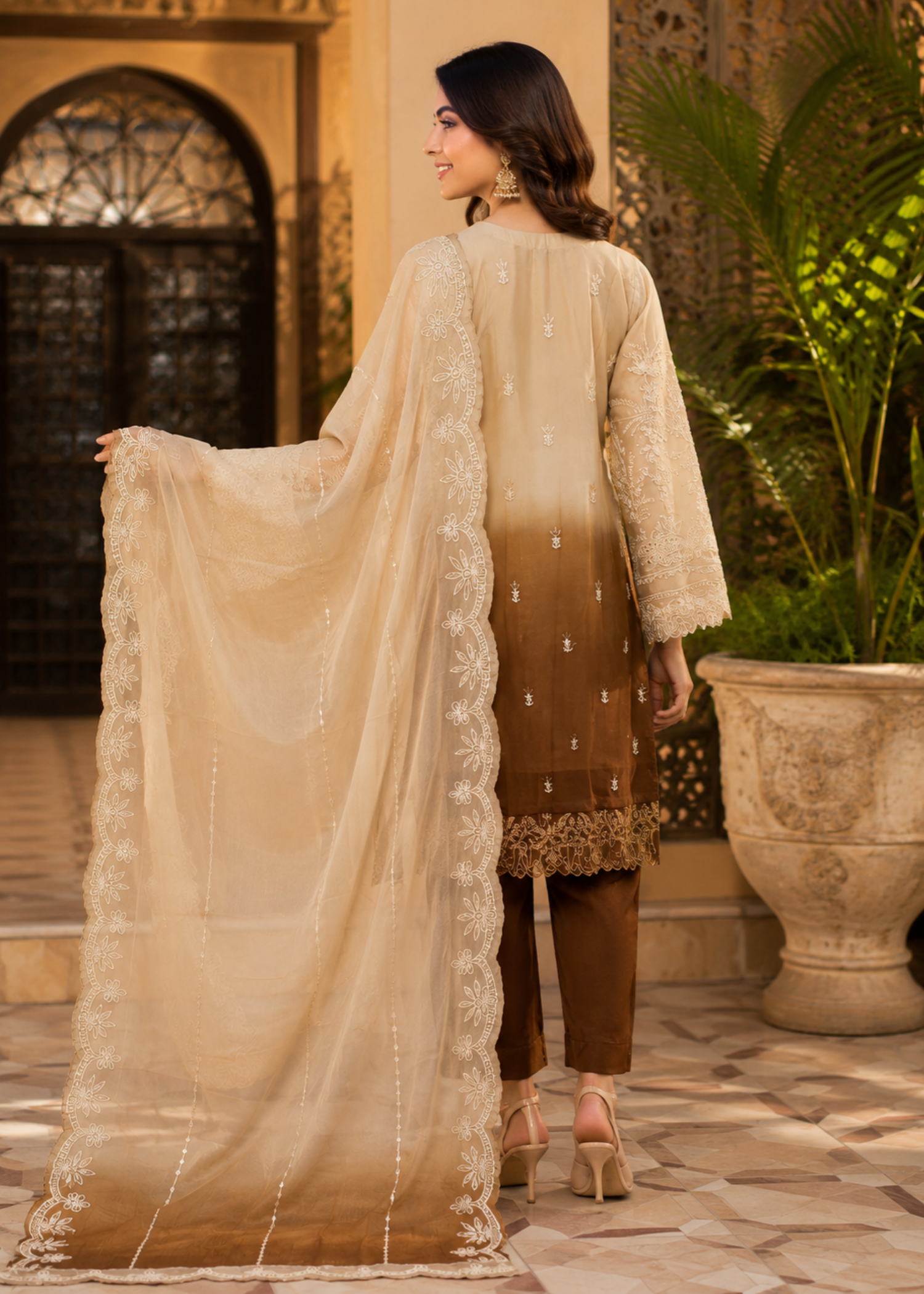 chiffon Kurta Set in Coffee brown, buttercream