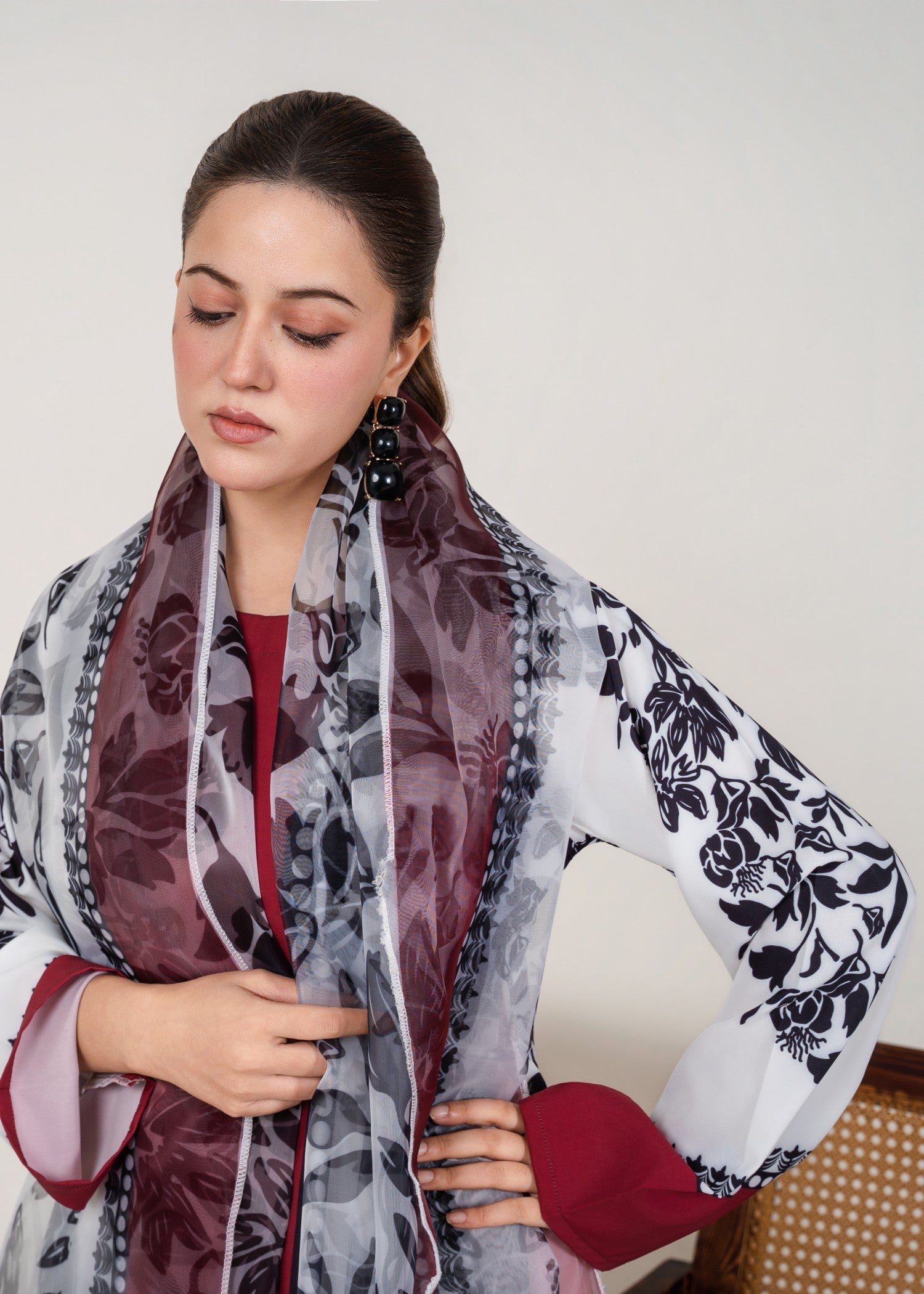 silk crepe Kurta Set in Maroon, white
