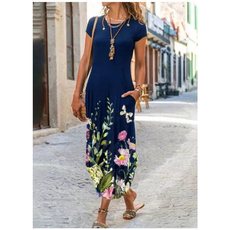 Women's Trendy Printed Short Sleeve Dress with Round Neck and Pocket