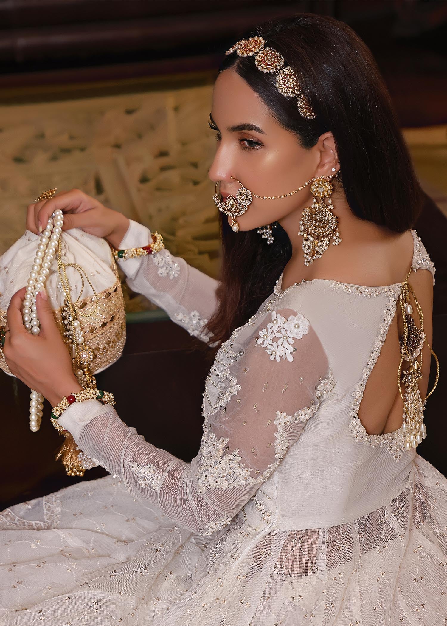 cotton karandi Pishwas in Ivory