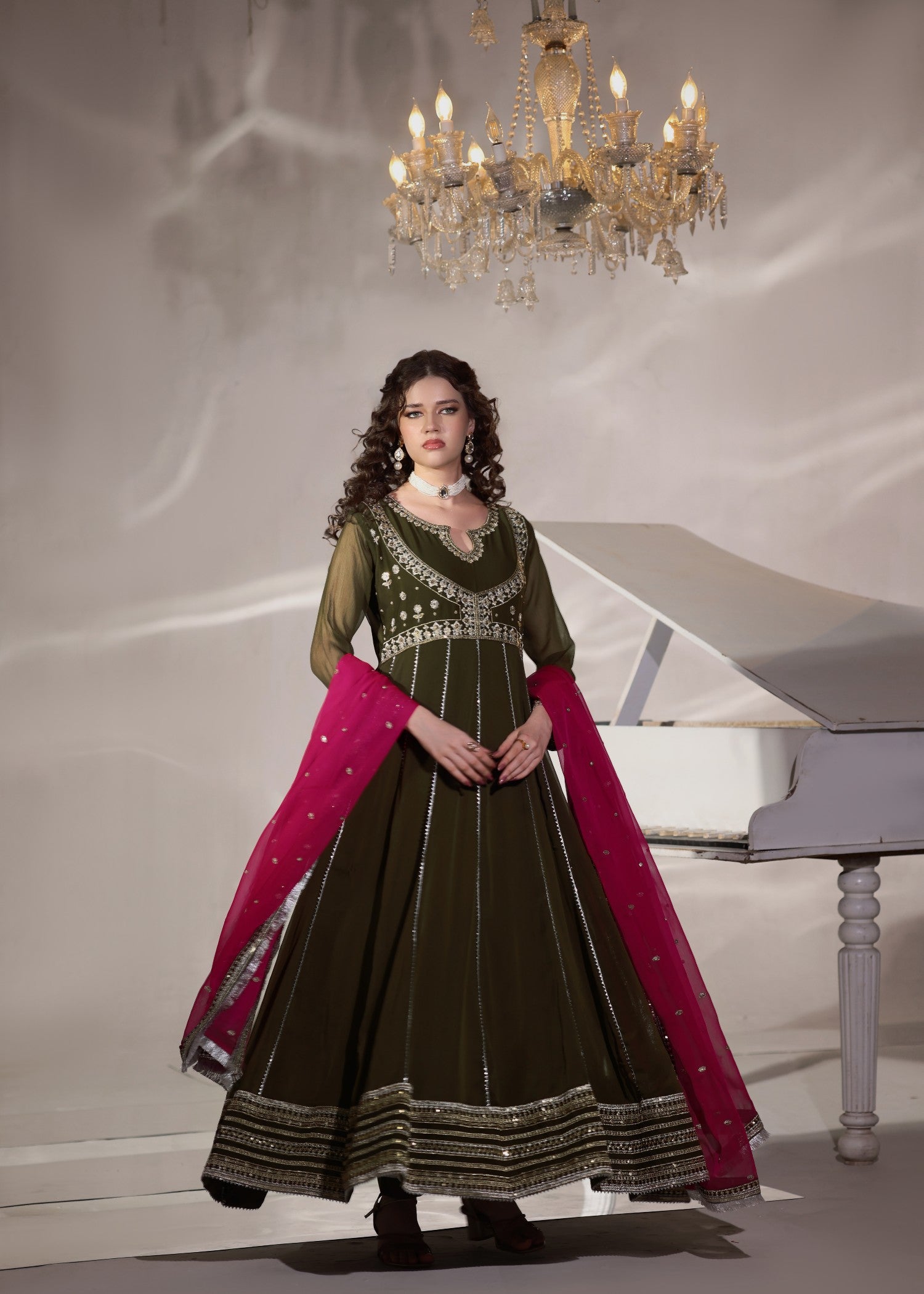 chiffon Pishwas in Olive green
