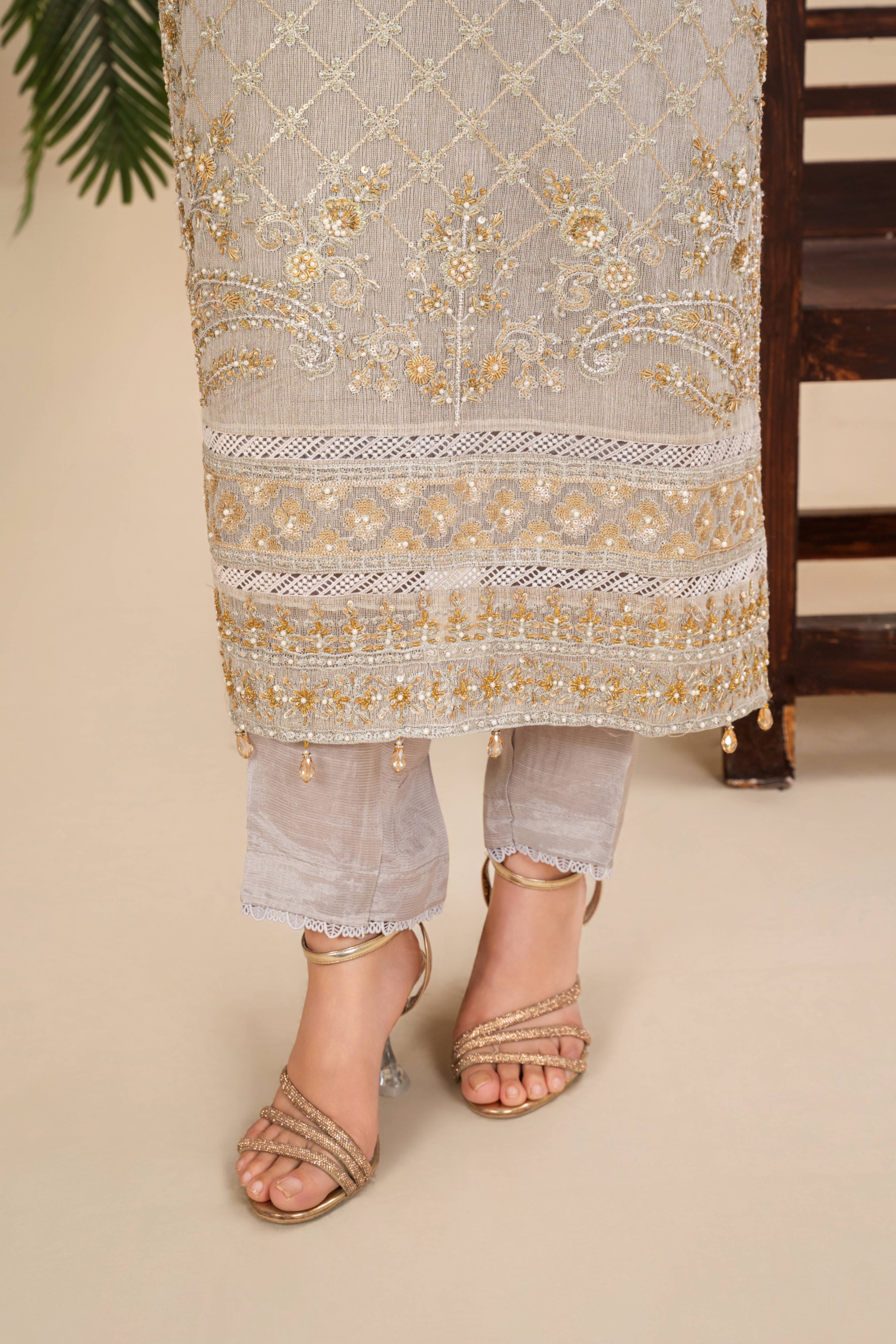 khaddi net Kurta Set in Pastel grey