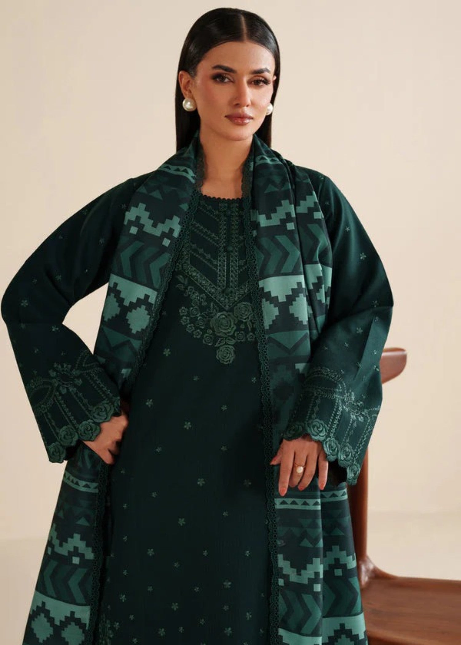 lawn cotton Kurta Set in Hunter green