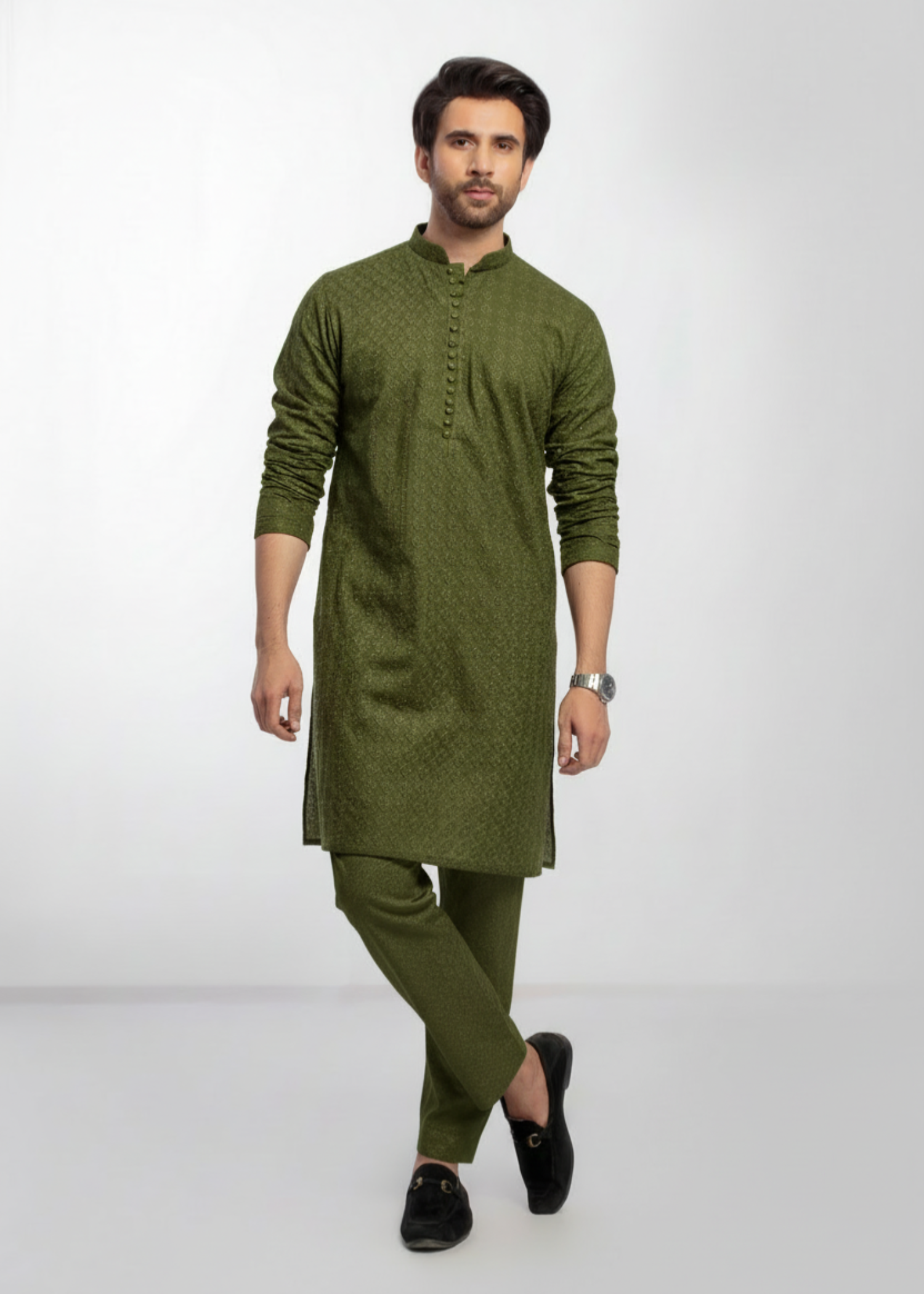 chikankari cotton Kurta Set in Avocado green