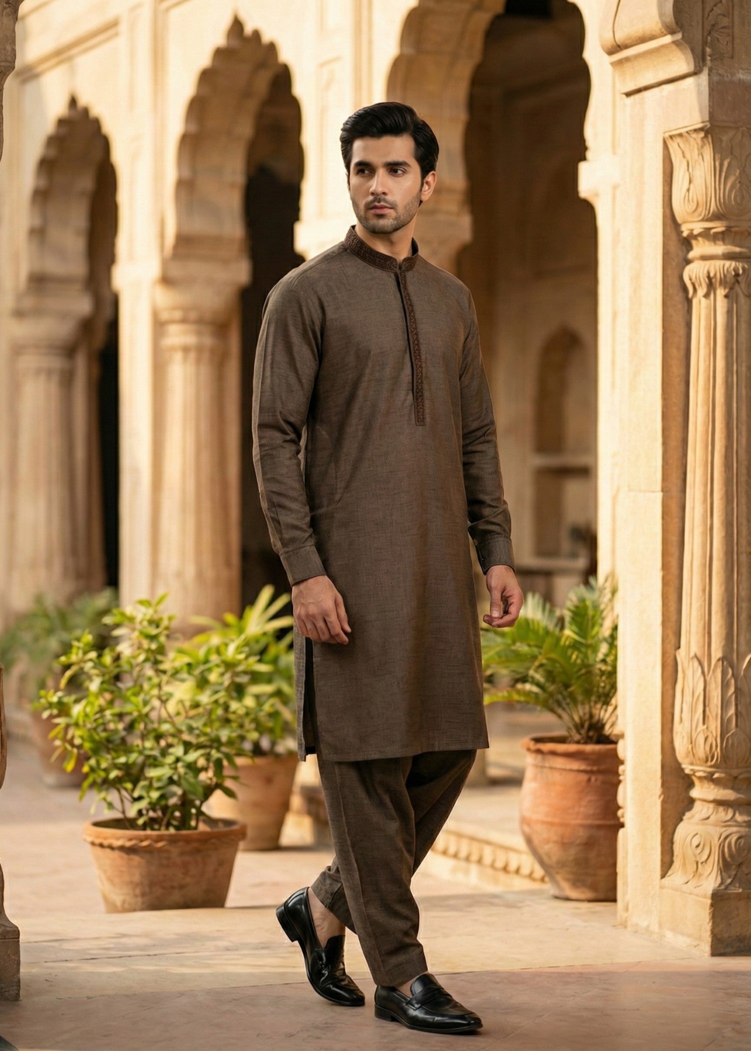 textured wash & wear Shalwar Kameez in Brown
