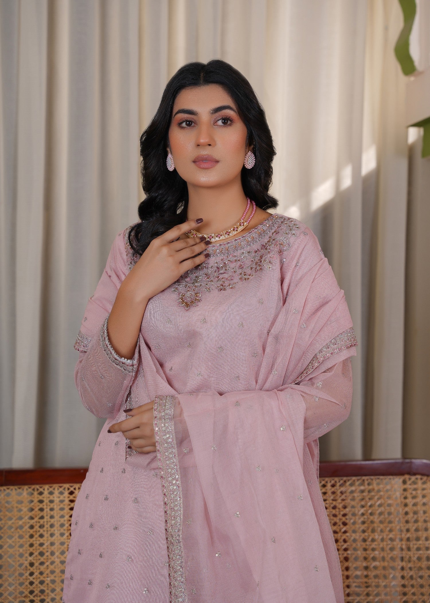 cotton net Kurta Set in Tea rose pink