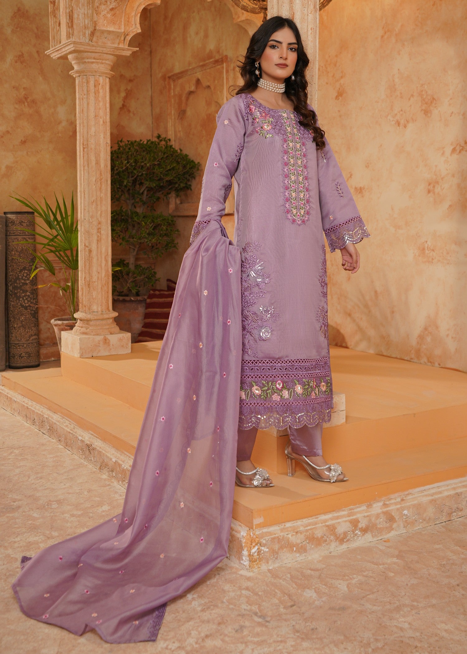 khaddi net Kurta Set in Lilac, heathered lilac