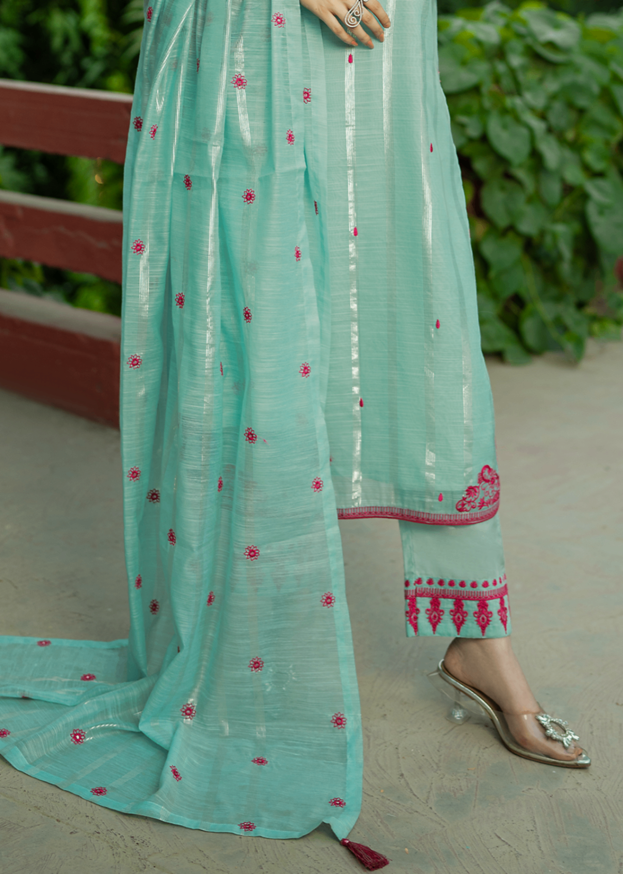 zari organza Kurta Set in Aquamarine