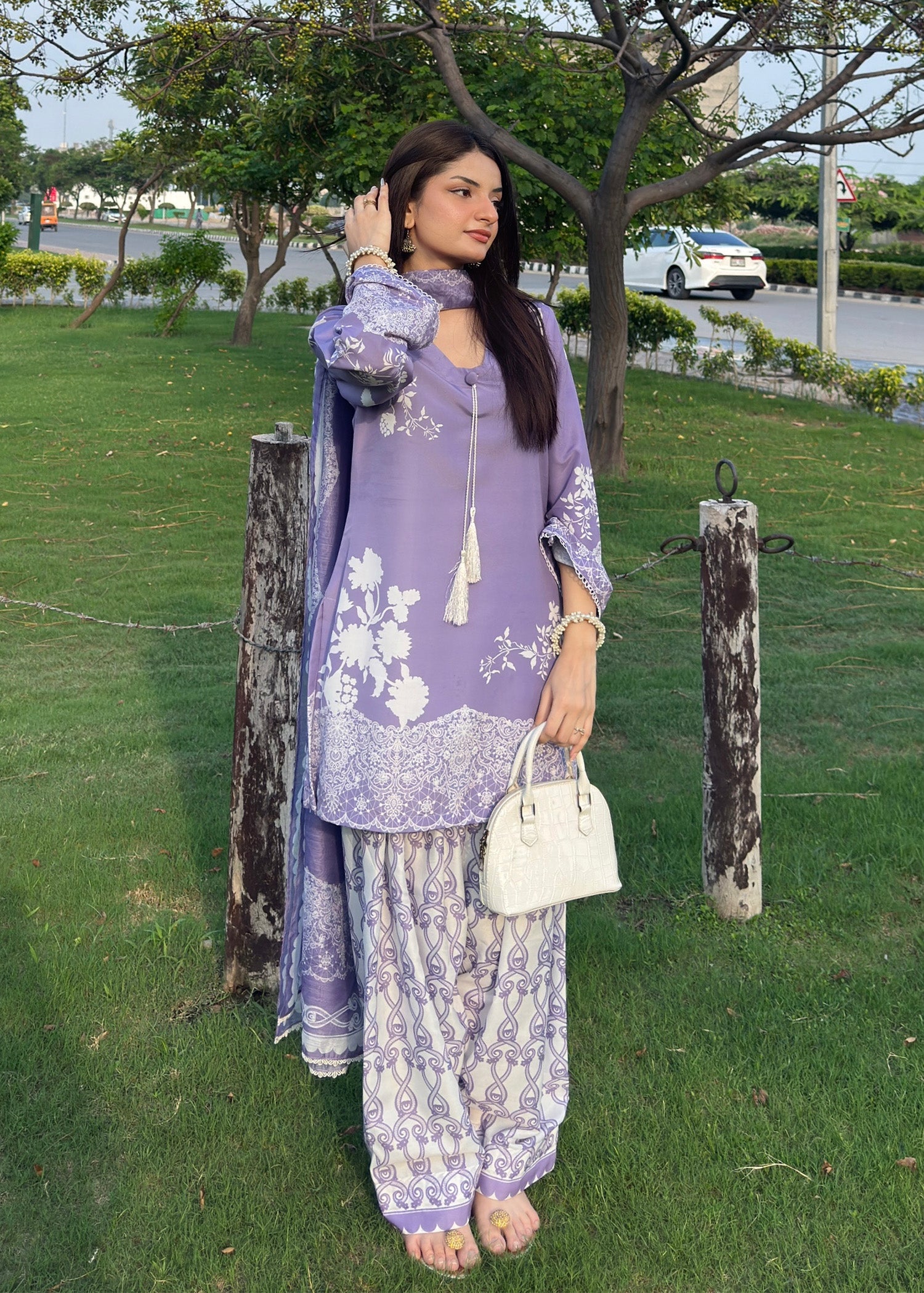 silk finish lawn Kurta Set in Lilac