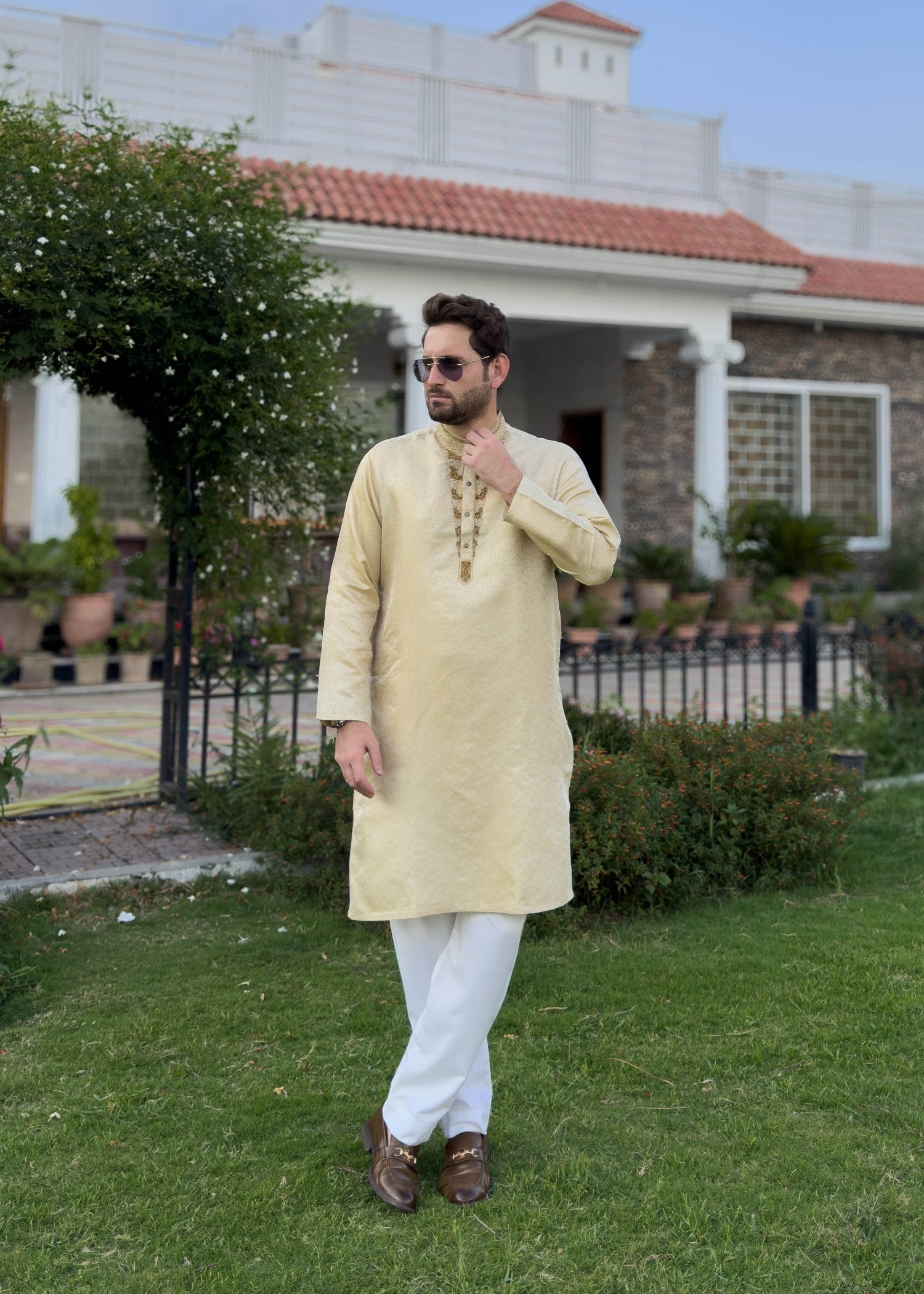 traditional jamawar Kurta in Gold