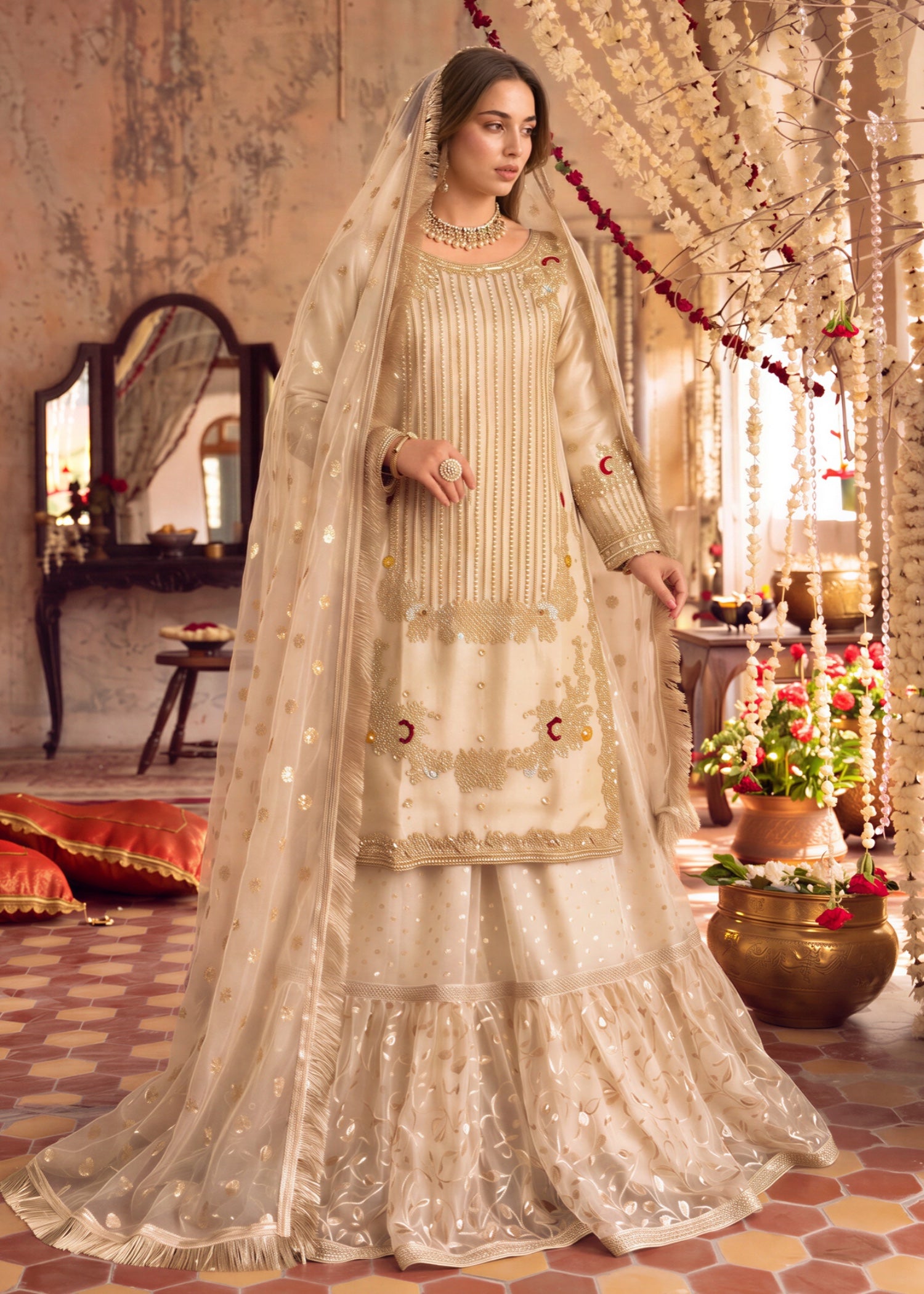 organza Lehenga in Off-white