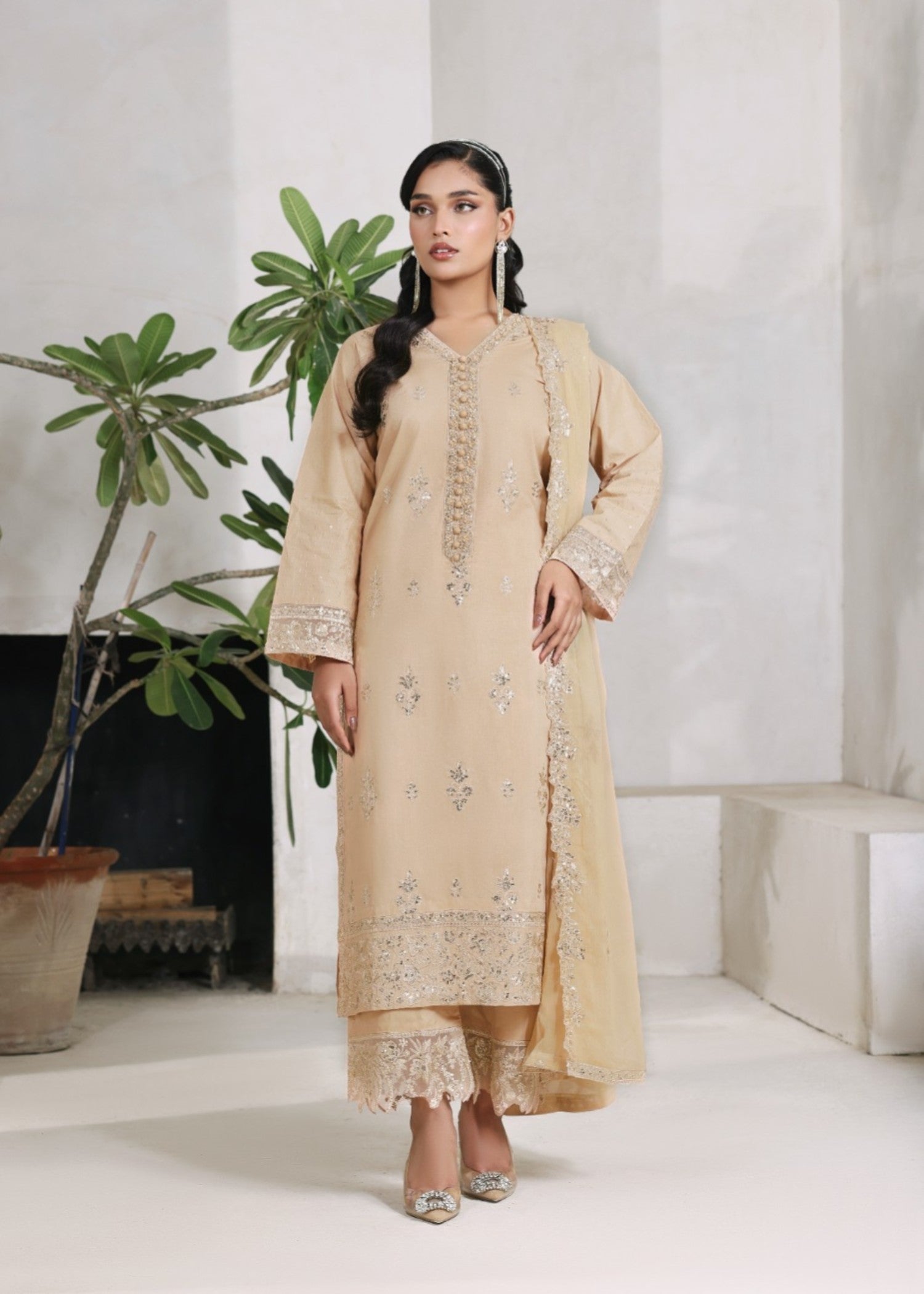 chiffon Kurta Set in Khaki brown