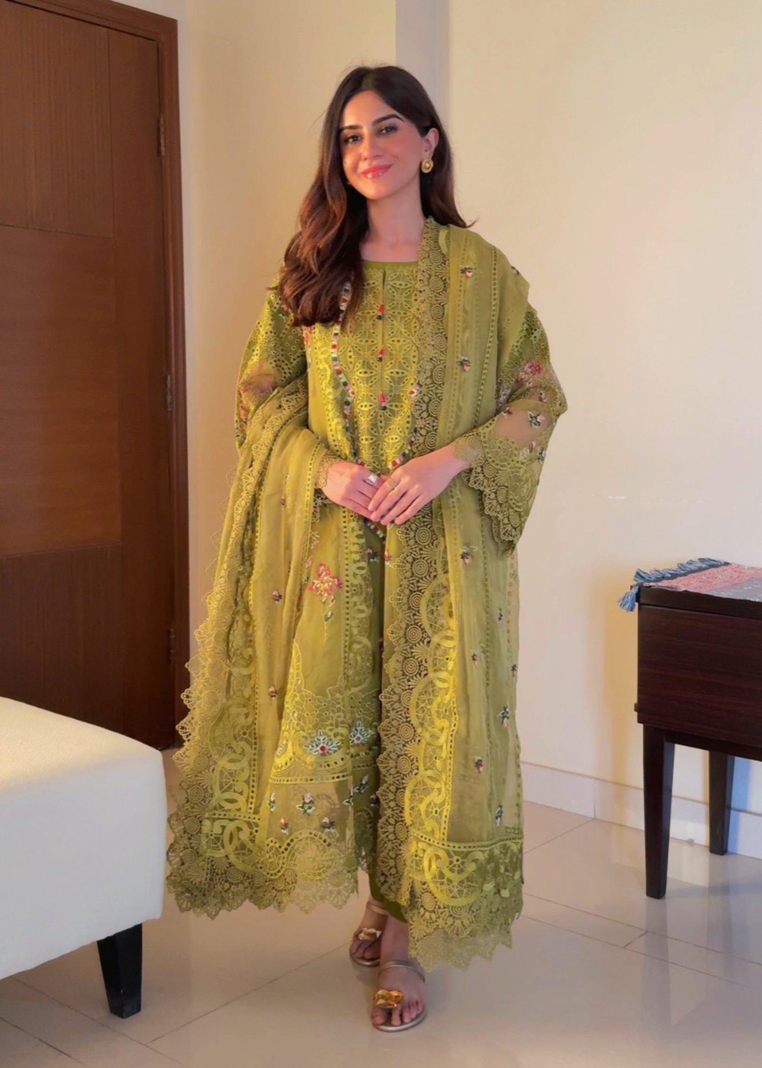 organza Kurta Set in Apple green