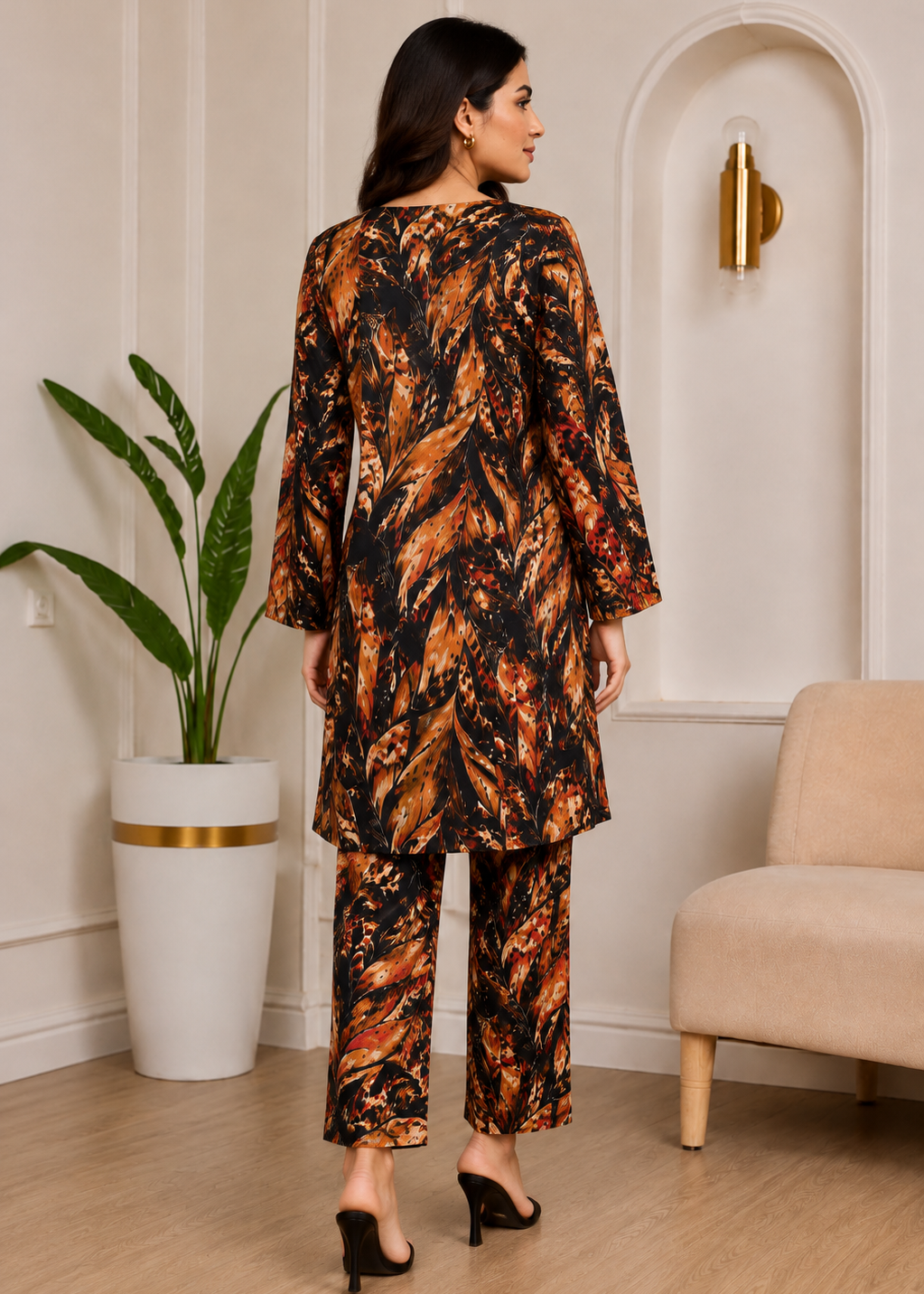 lawn Unstitched in Bronze orange, black