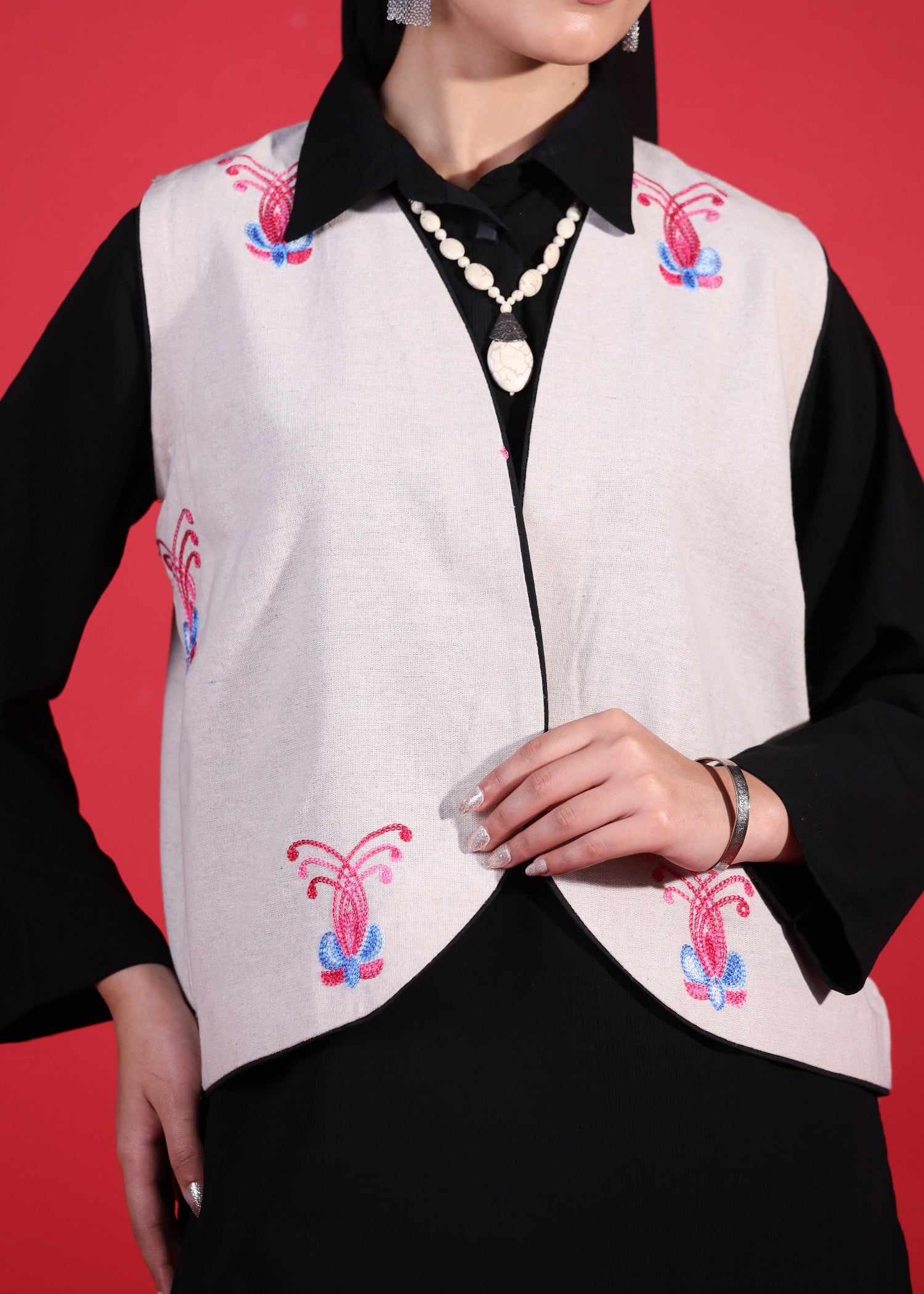 jacquard crepe Kurta Set in Black, linen