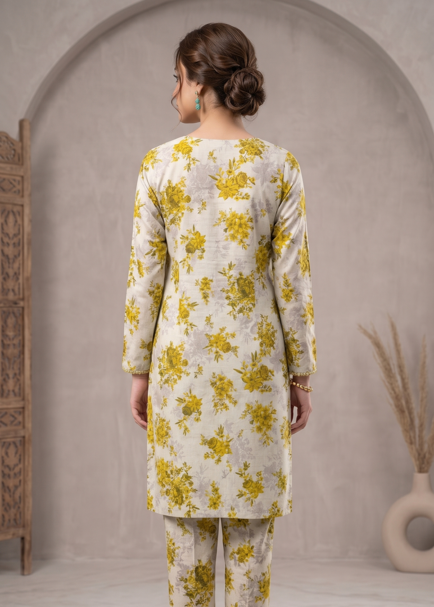 lawn Unstitched in Beige, mustard