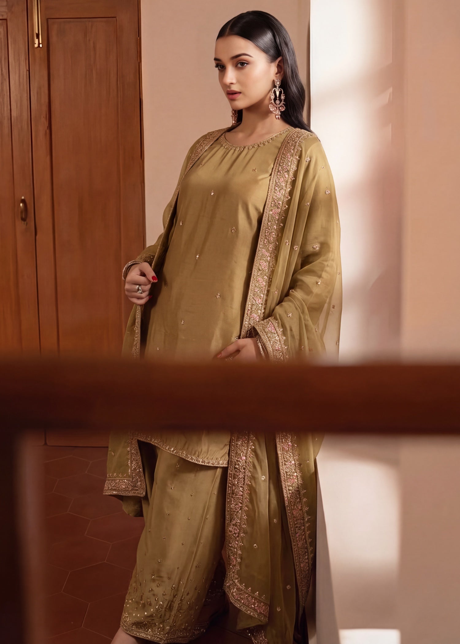silk Kurta Set in Golden brown