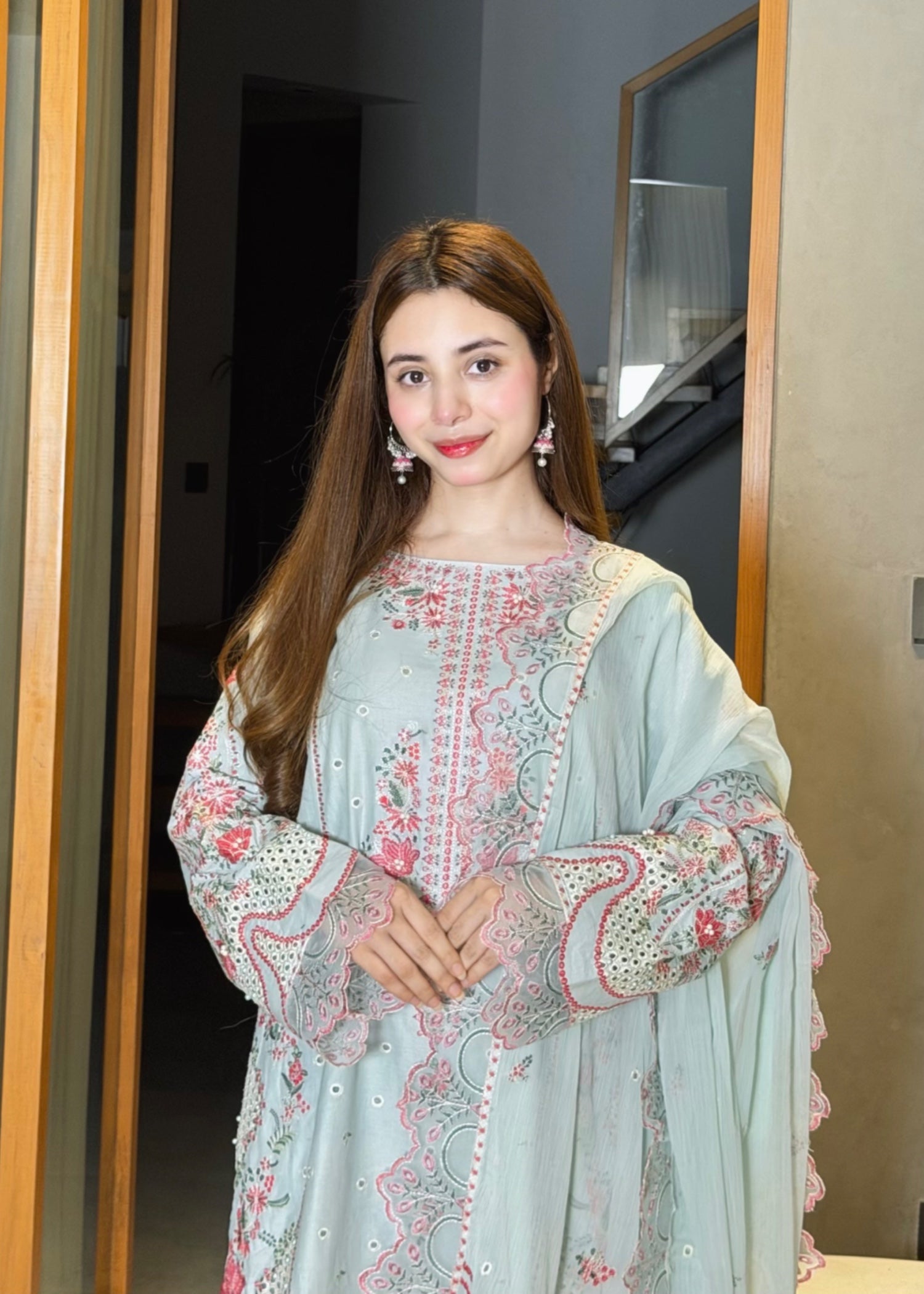 lawn Kurta Set in Ash grey, pink