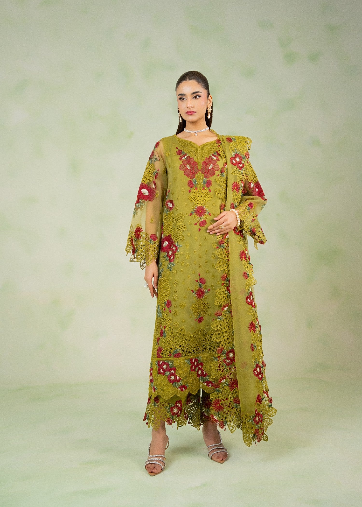 organza Kurta Set in Yellow green