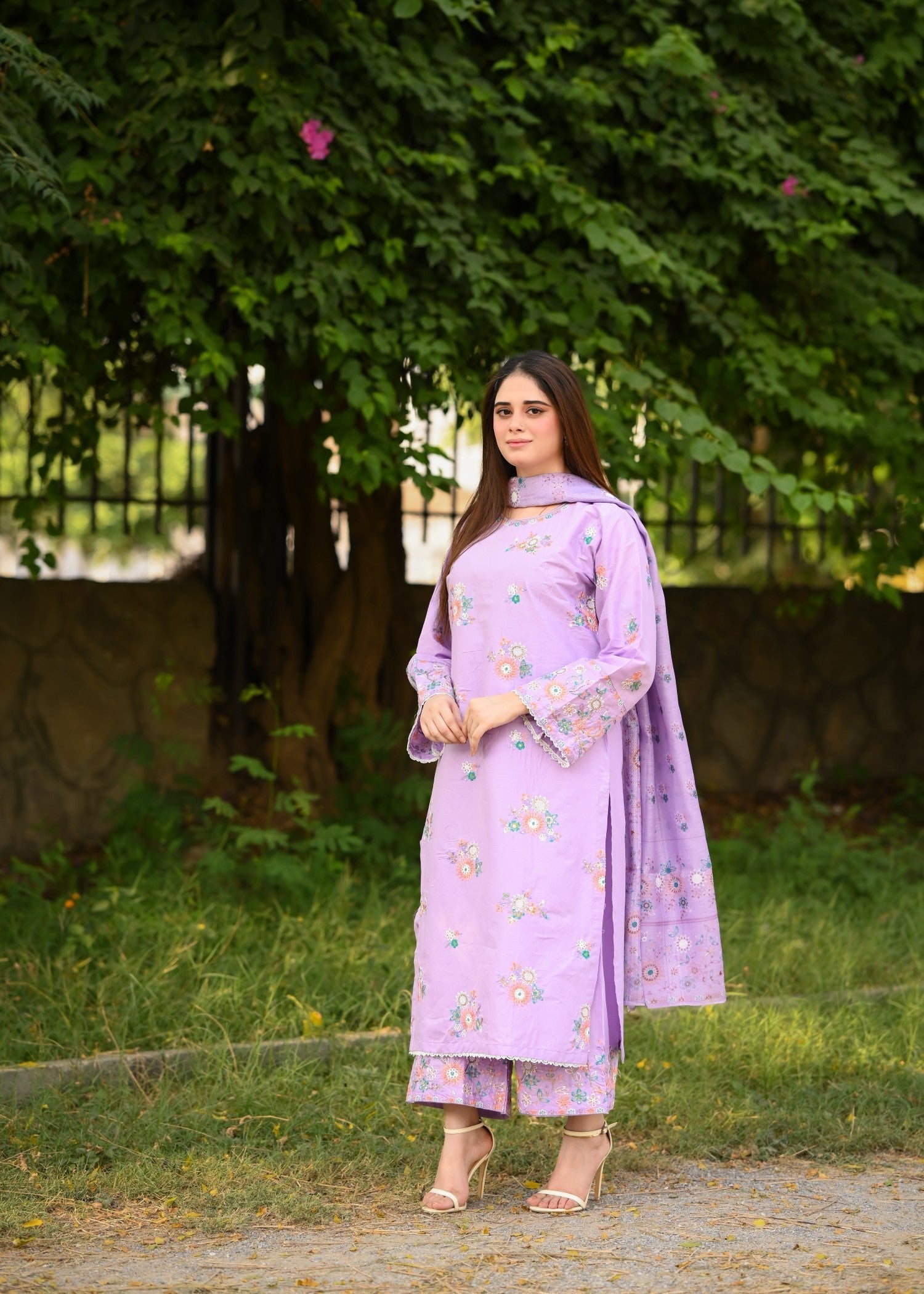 cambric Kurta Set in Mauve