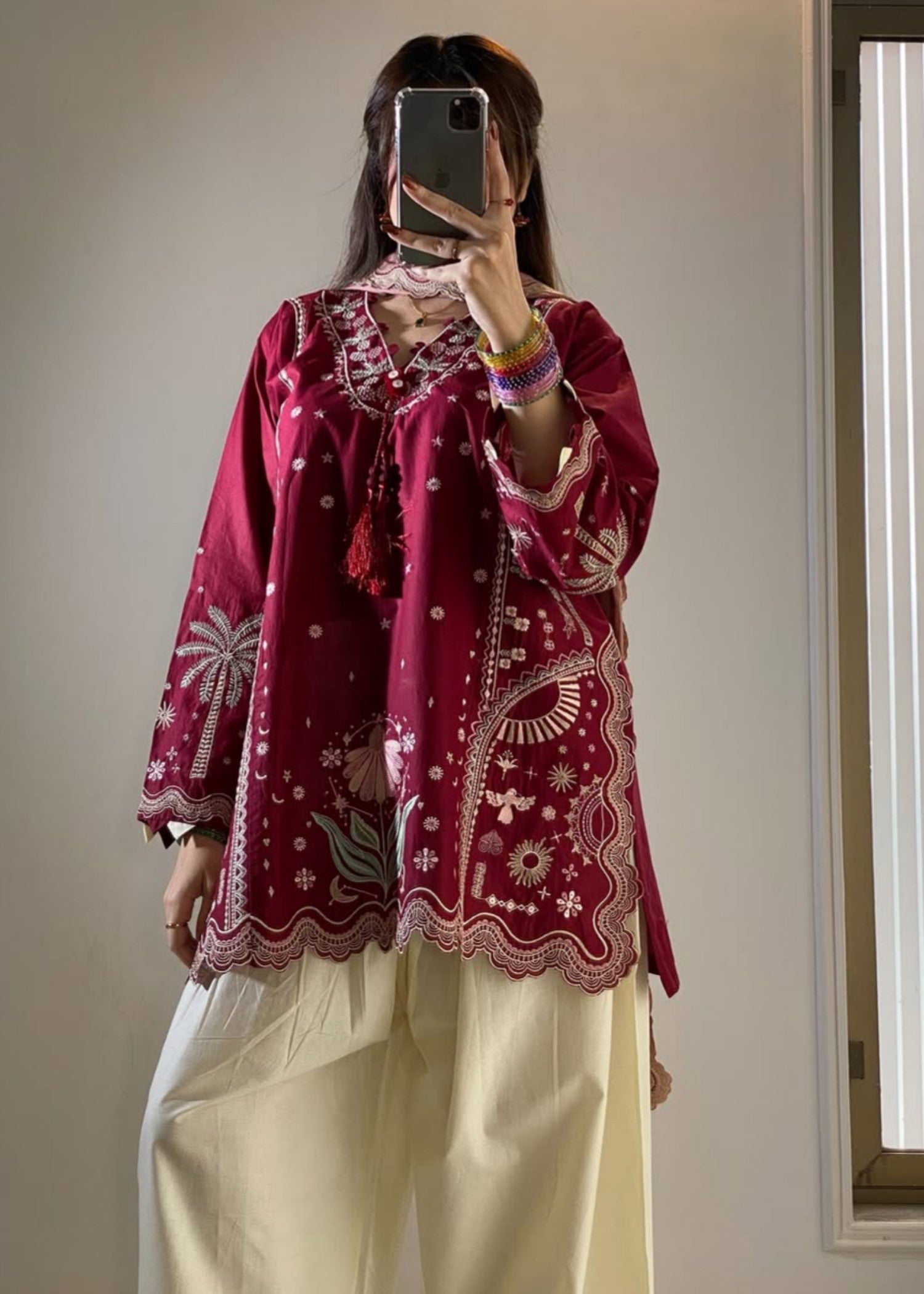 linen Kurta Set in White, maroon