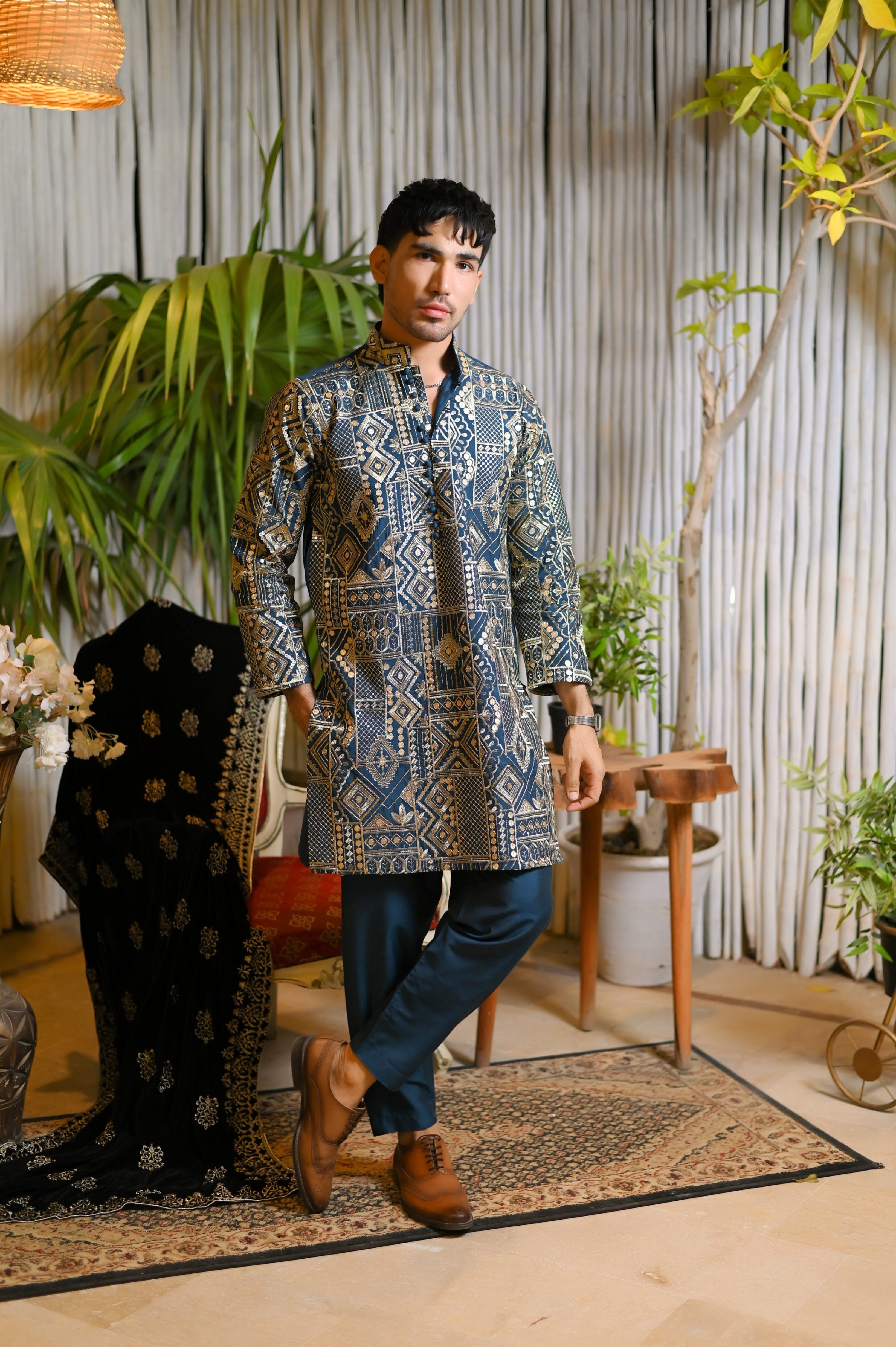 raw silk Kurta Set in Dark blue