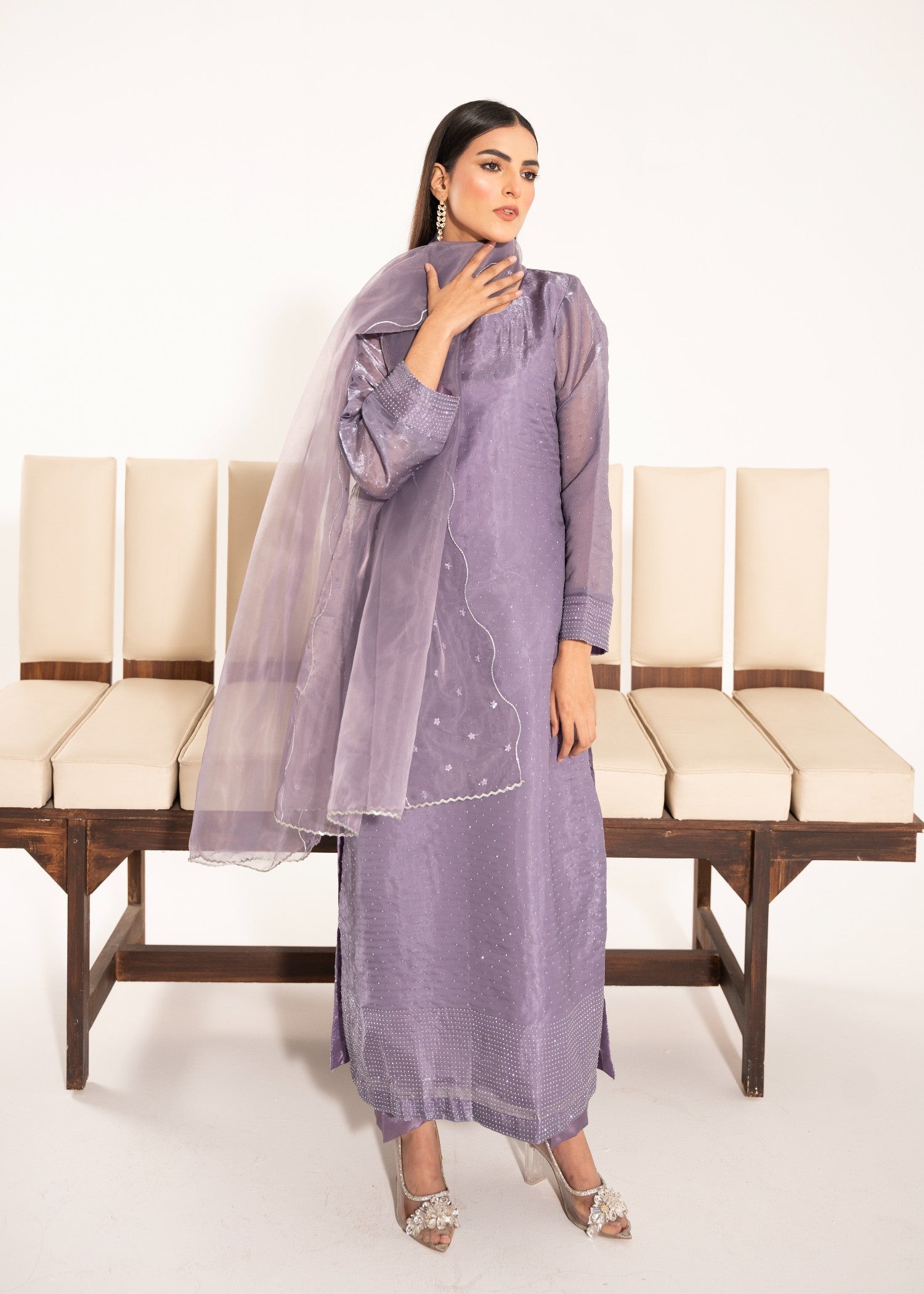 silk tissue Kurta Set in Lavender