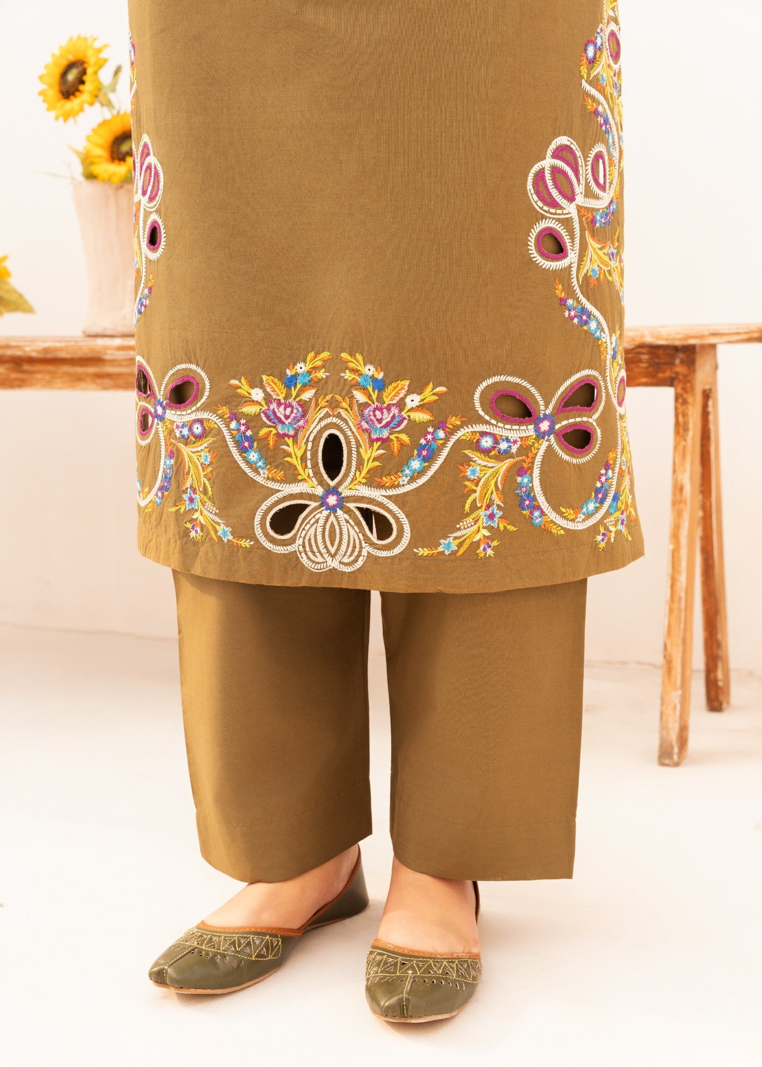 cambric Kurta Set in Brown
