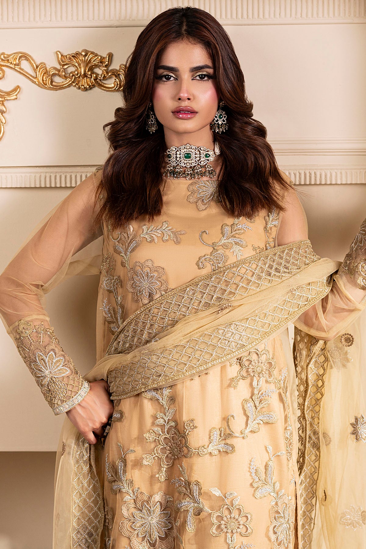 silk cotton net Kurta Set in Camel brown