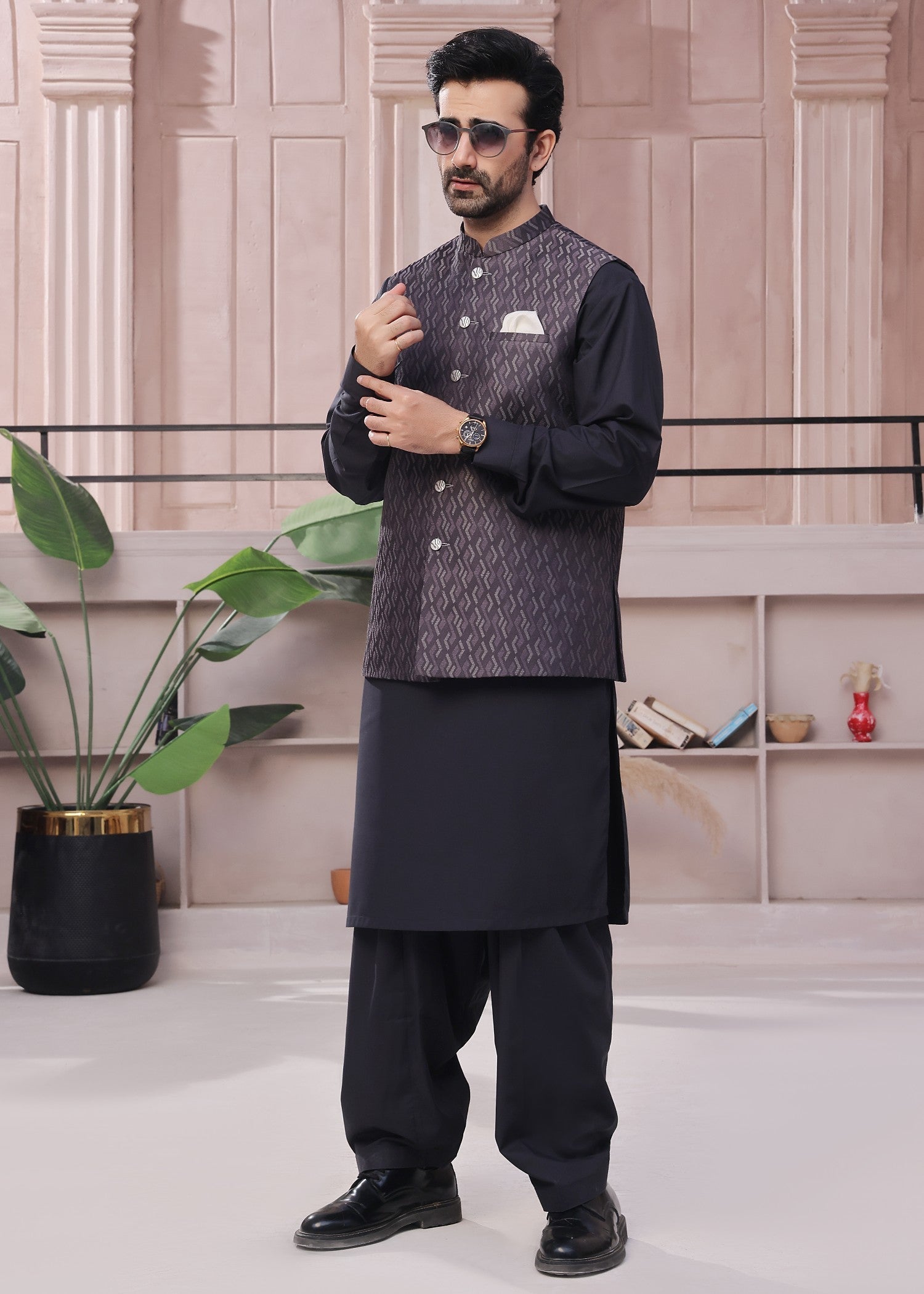 jamawar Waistcoat in Charcoal