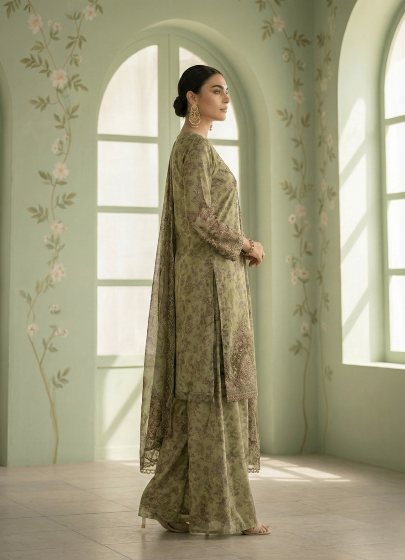 silk finish lawn Kurta Set in Olive green