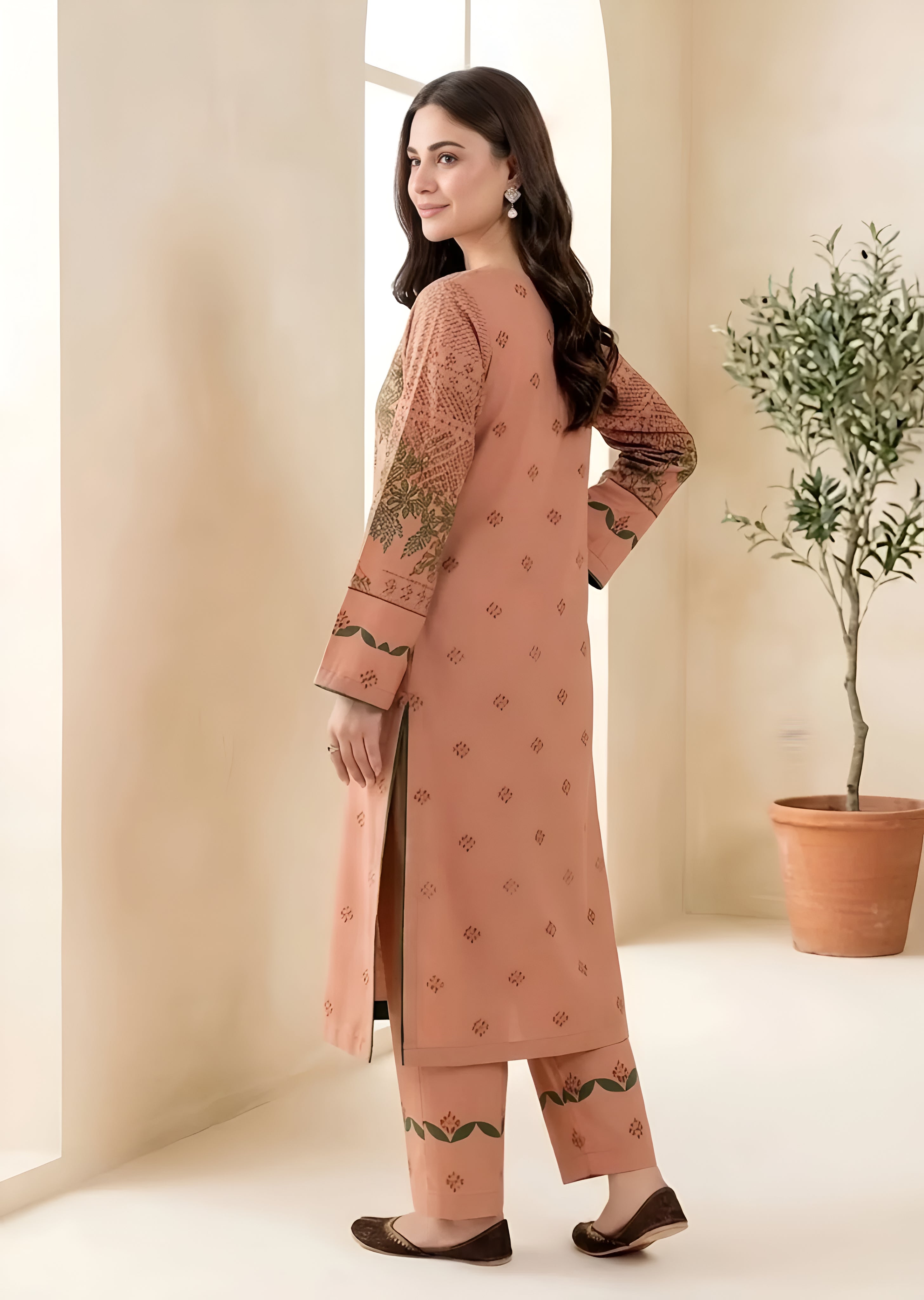 poly lawn Kurta Set in Earth brown