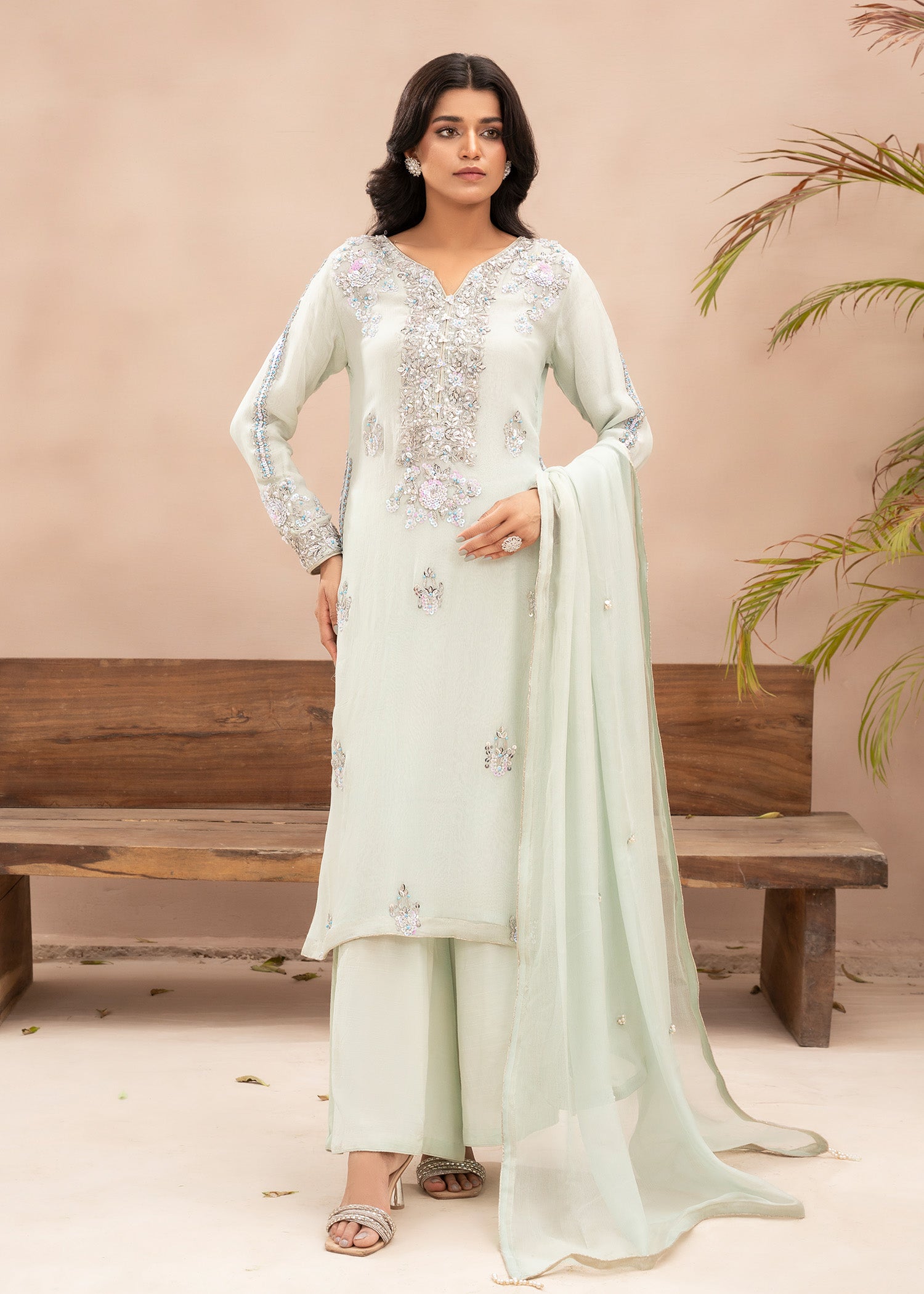 chiffon Kurta Set in Pastel green