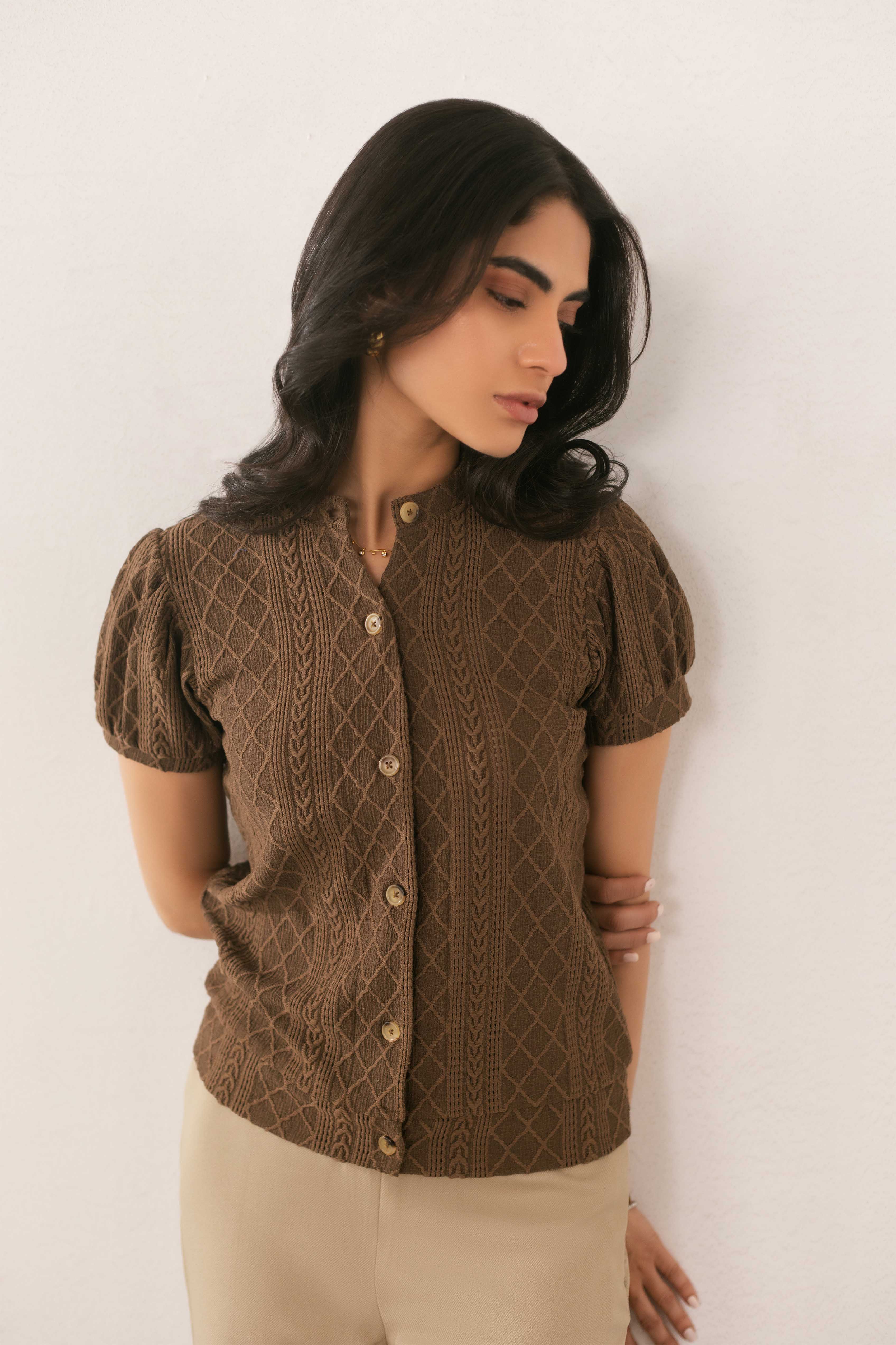 cotton dobby Top in Brown