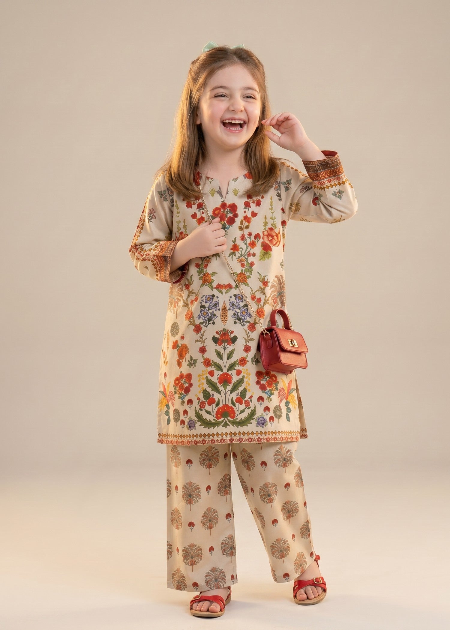 crepe polyester Kurta Set in Beige