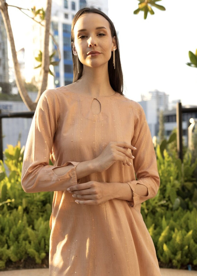 zari lawn Kurta Set in Peach pink