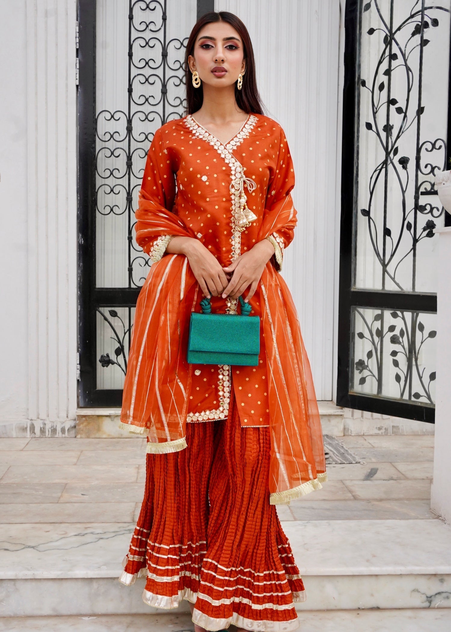 kattan silk Angrakha in Rust orange