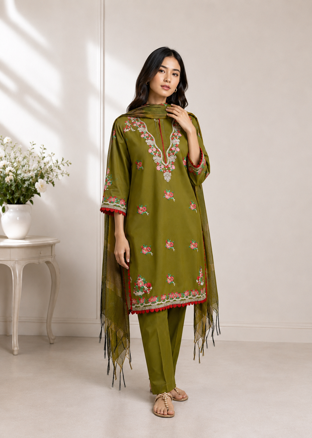 lawn cotton Unstitched in Olive green