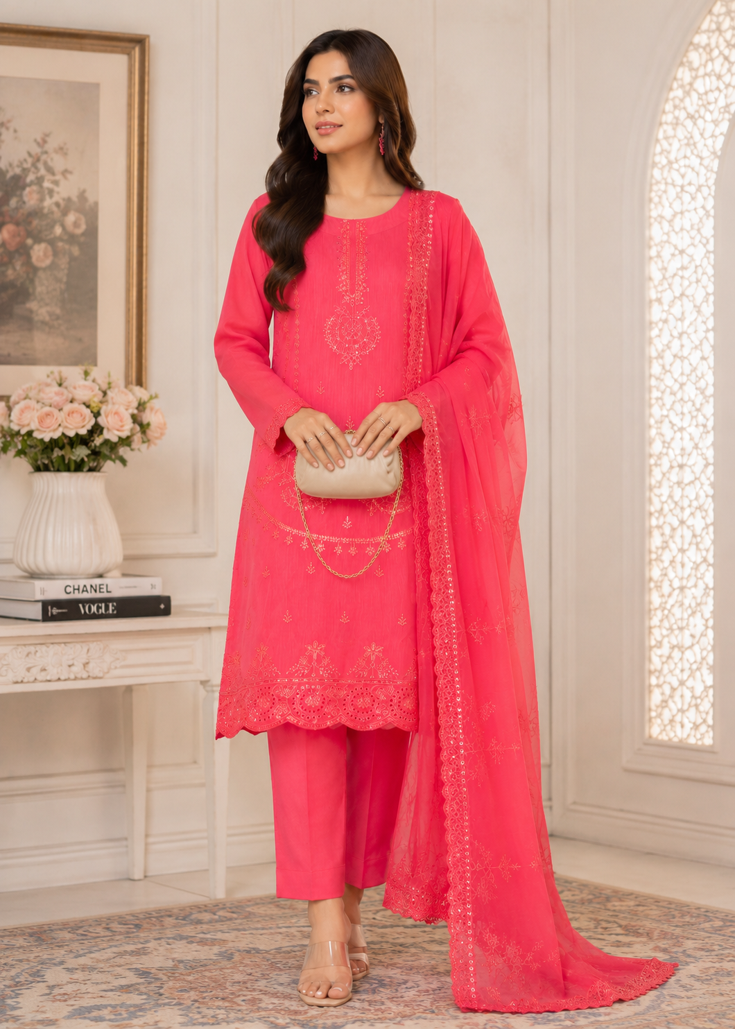 cotton Kurta Set in Coral orange