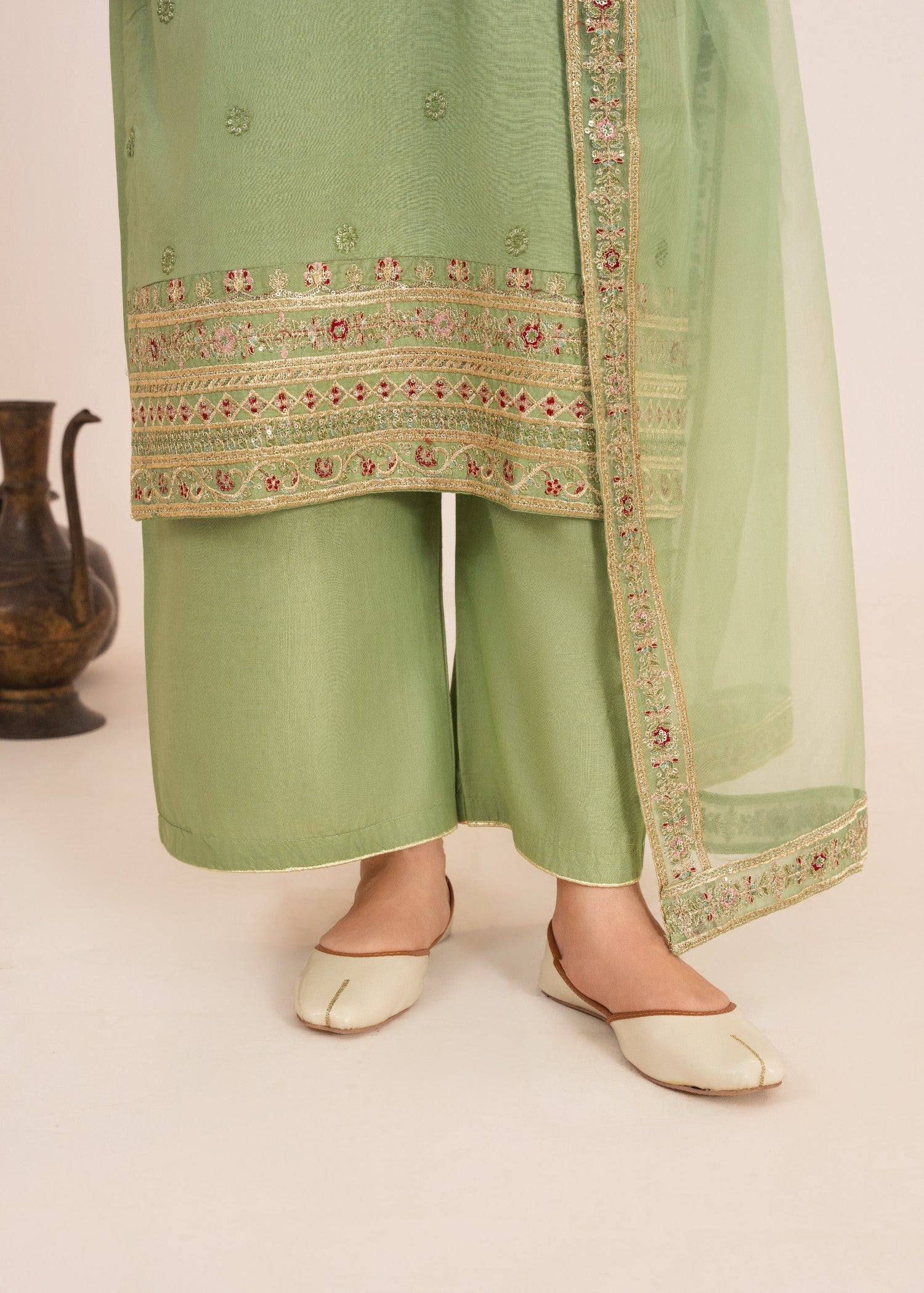 lawn Kurta Set in Pistachio green, gold