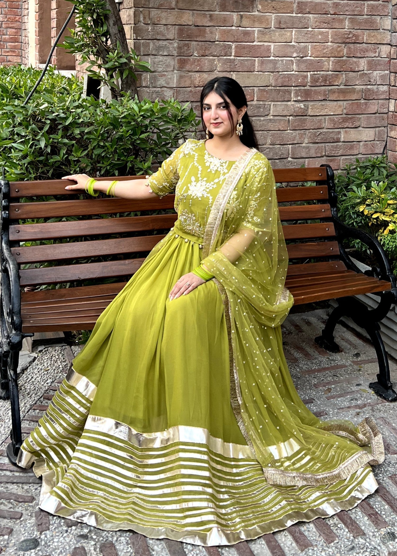 bemberg crinkle chiffon Lehenga in Olive green