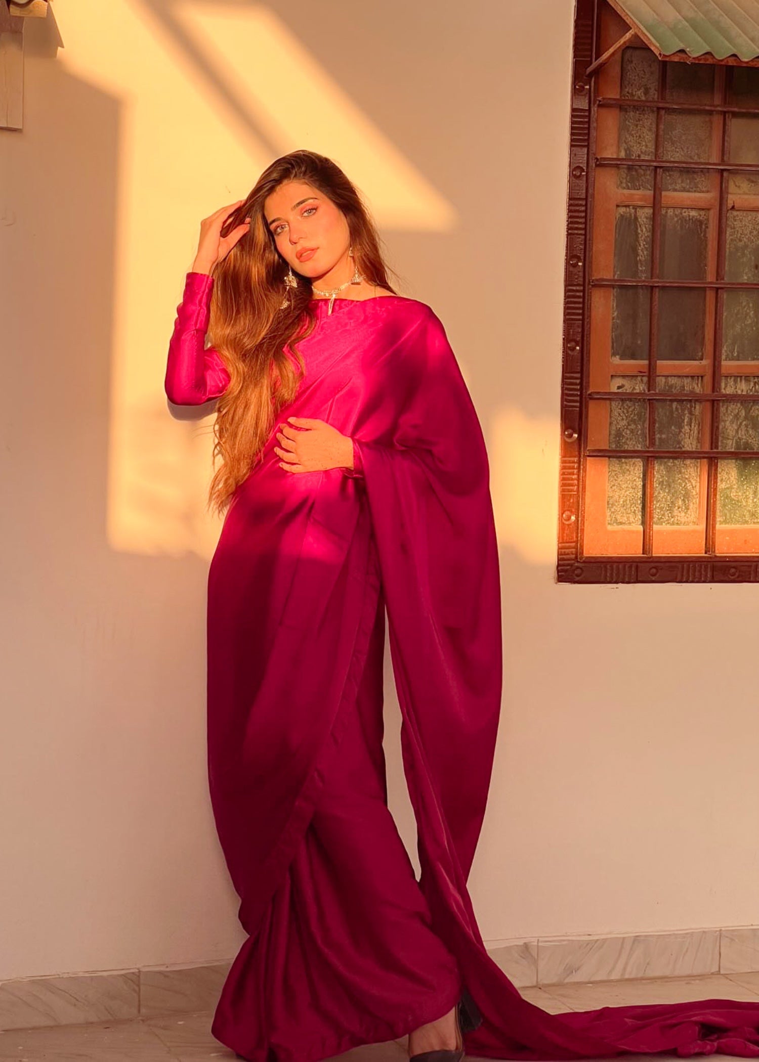 poly silk Saree in Raspberry pink