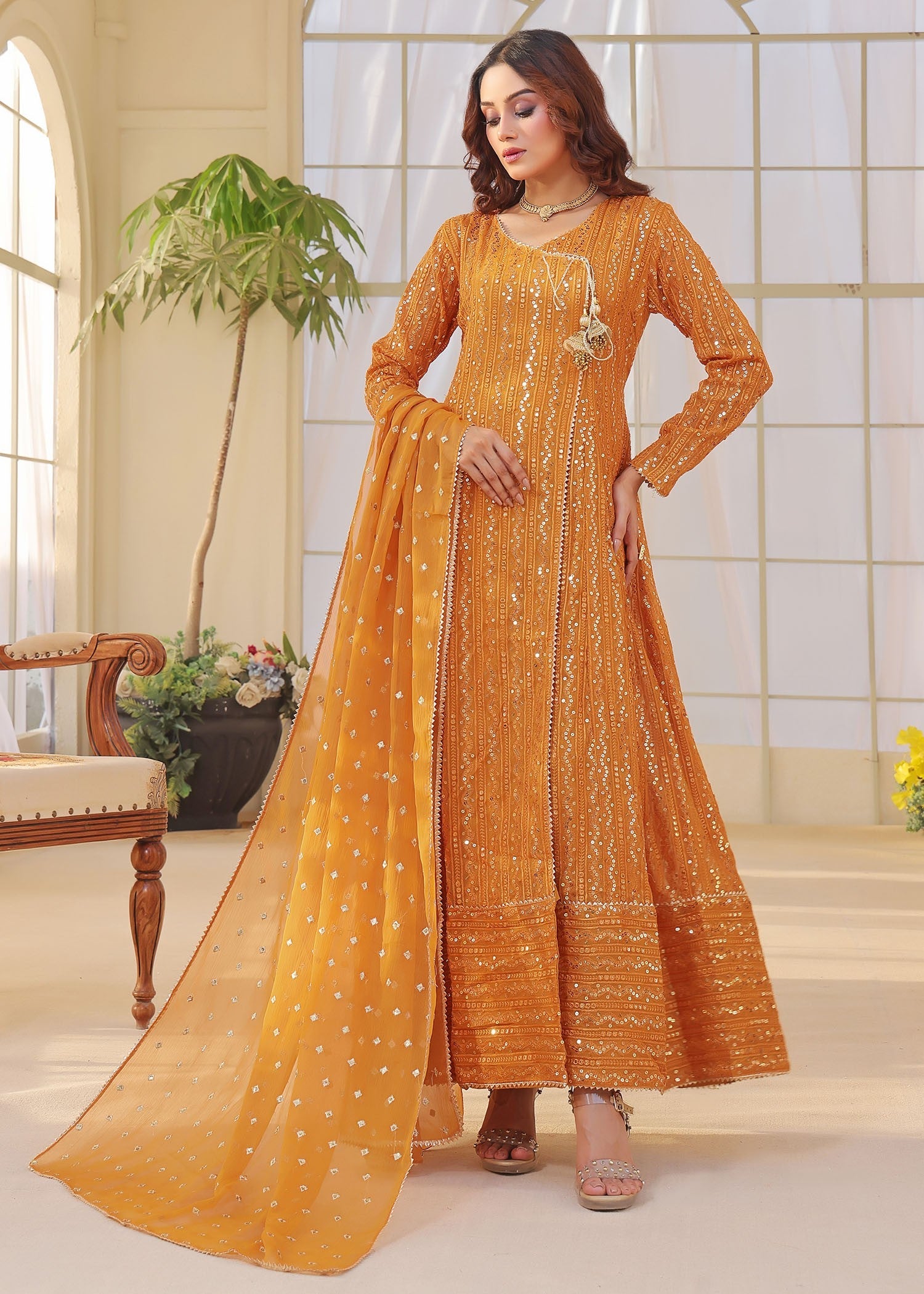 chiffon Angrakha in Mustard