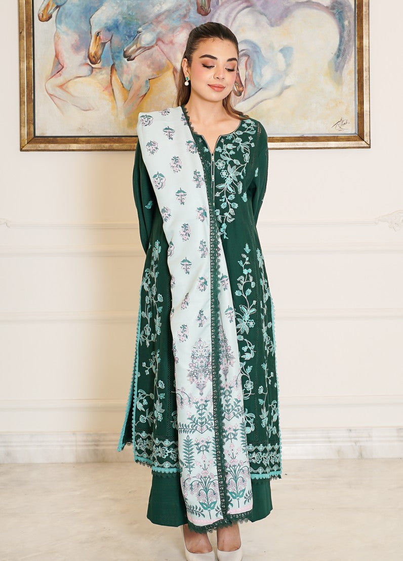 fine khaddar Unstitched in Forest green
