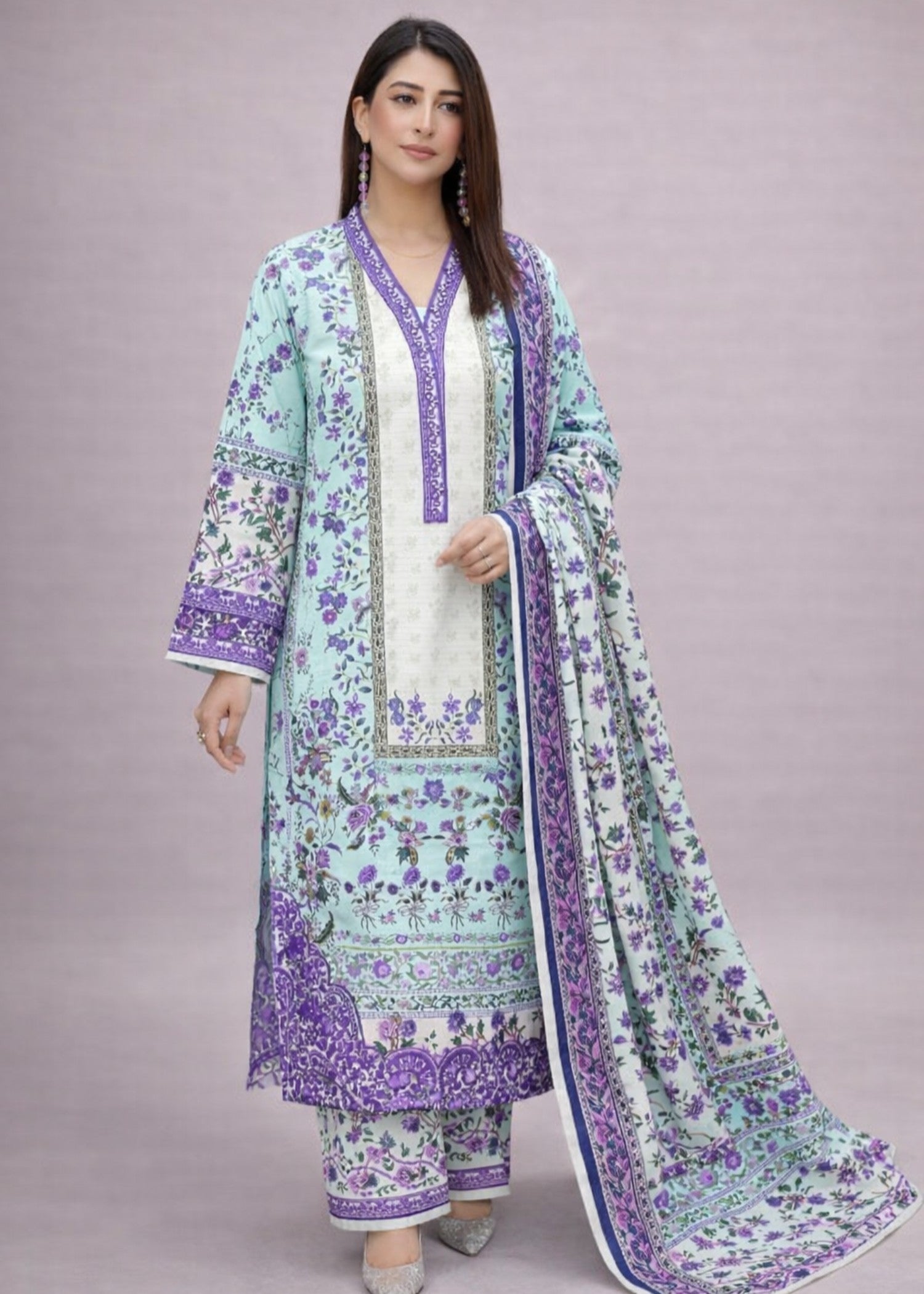 khaddar Kurta Set in Off-white, lilac