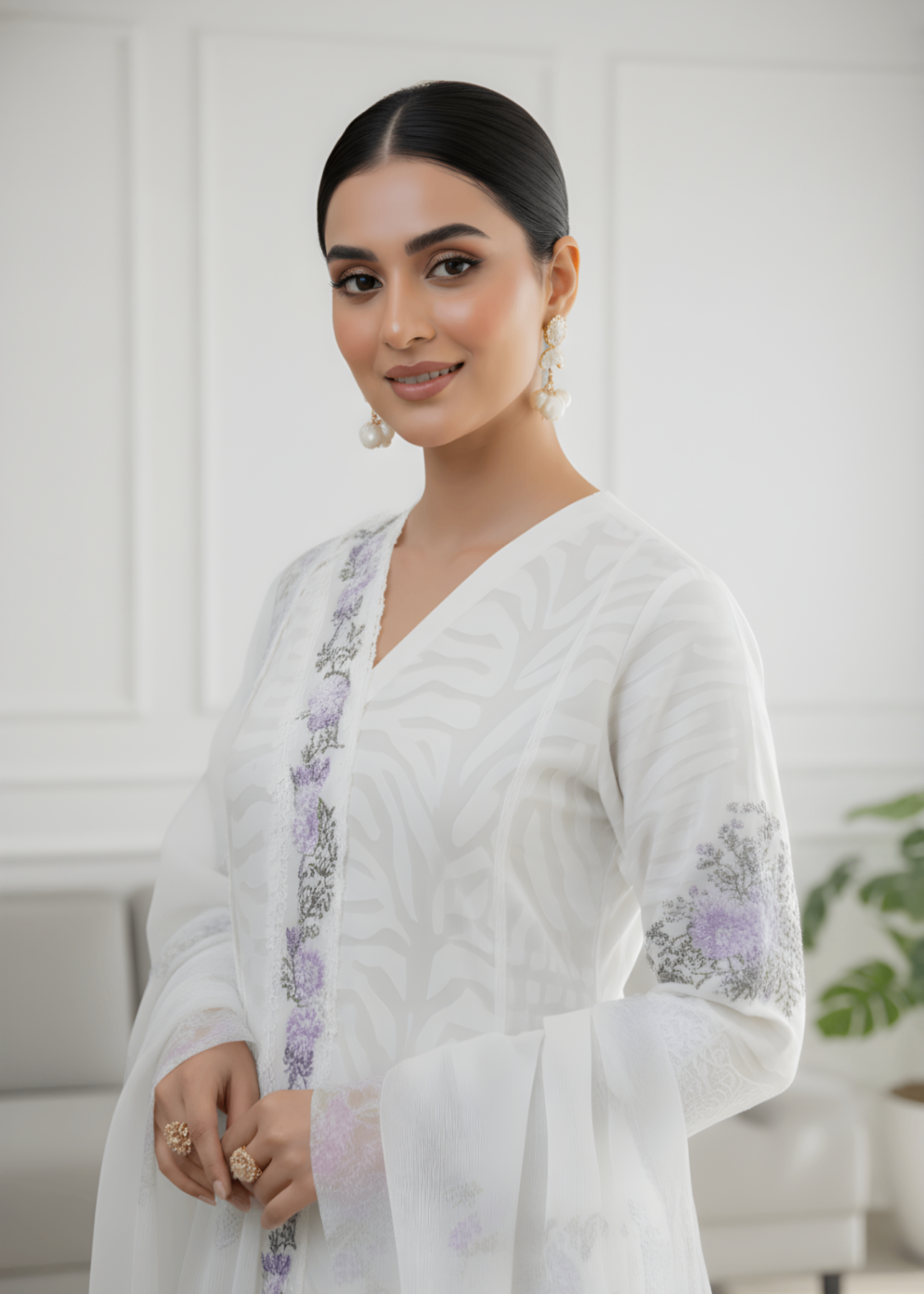 organza zari jacquard Kurta Set in White