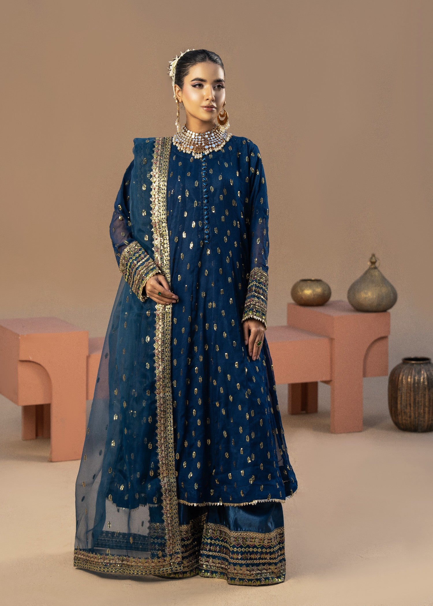 chiffon Anarkali in Blue jay