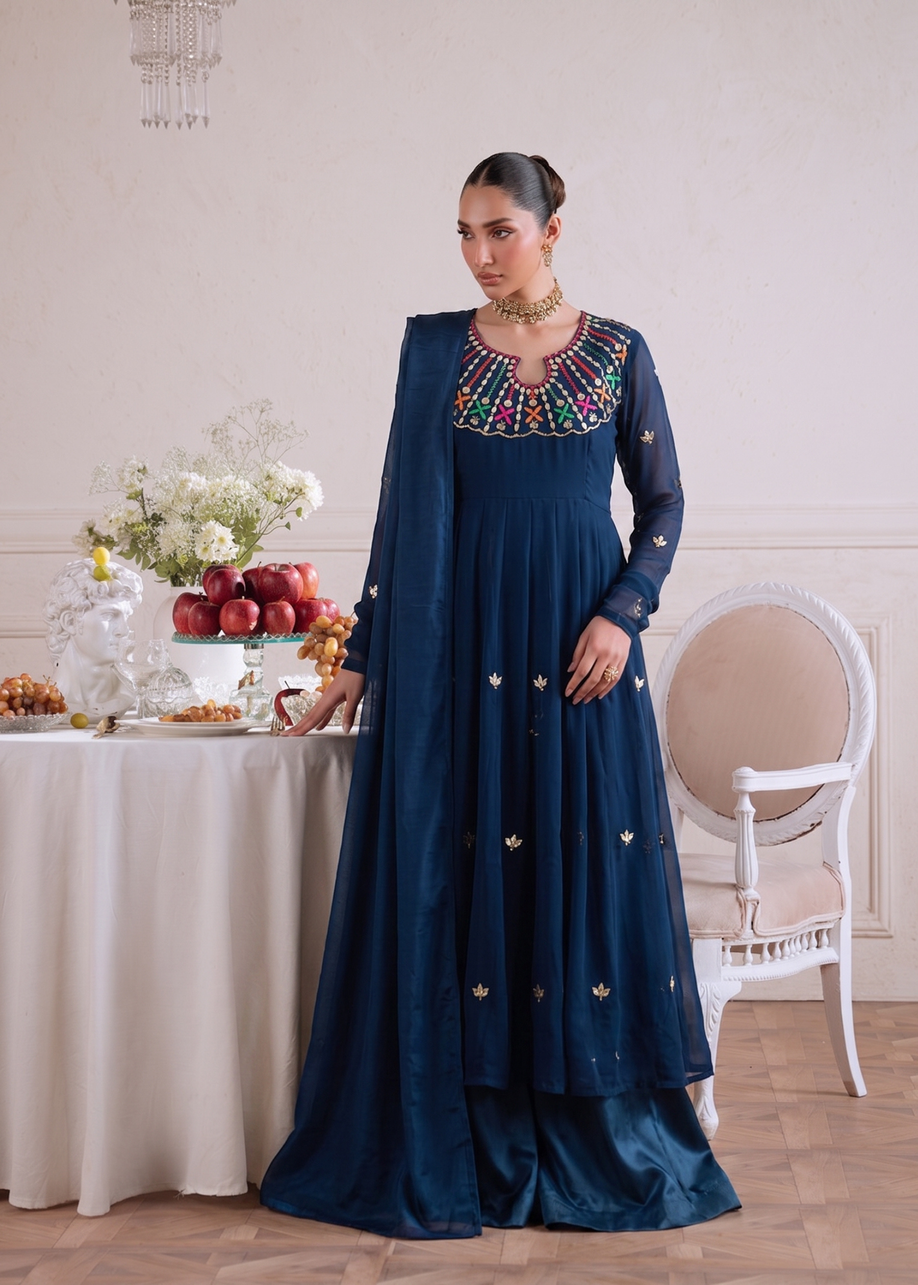 organza Anarkali in Navy blue