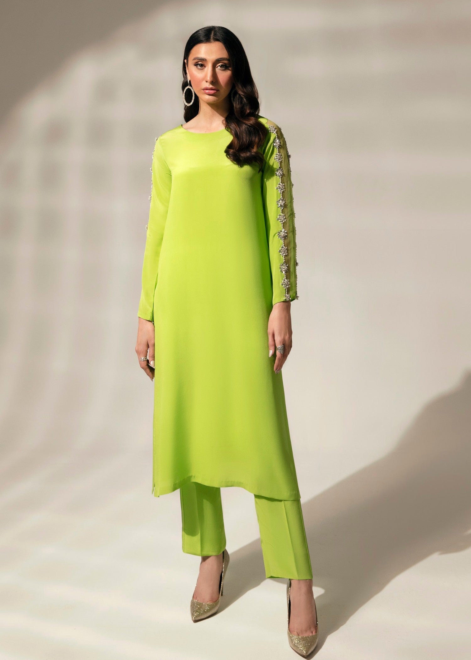 kattan silk Kurta Set in Neon green