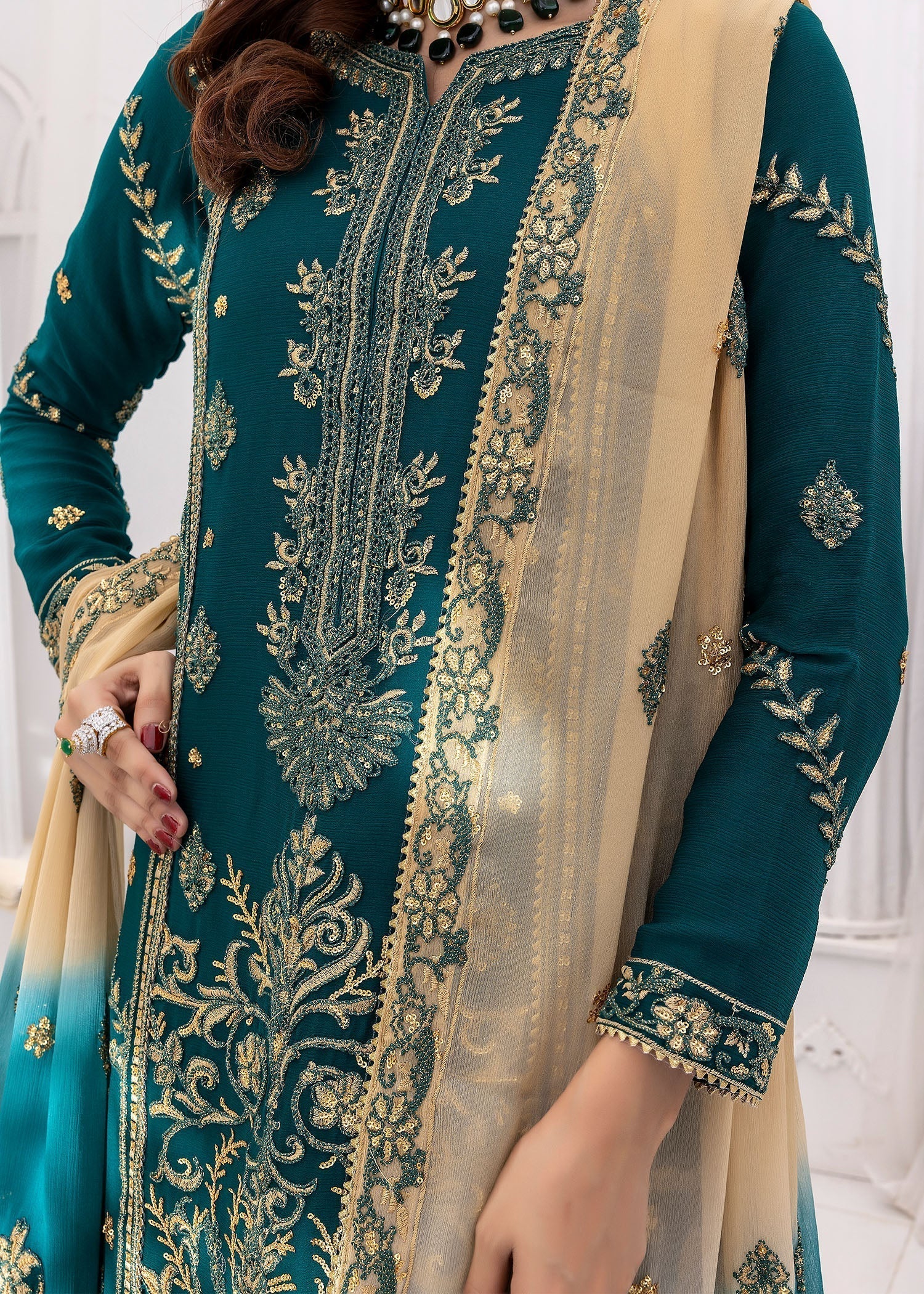 chiffon Kurta Set in Emerald green